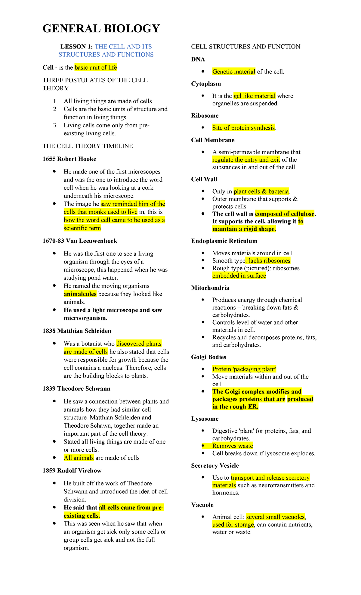 GEN BIO Reviewer - LESSON 1: THE CELL AND ITS STRUCTURES AND FUNCTIONS ...