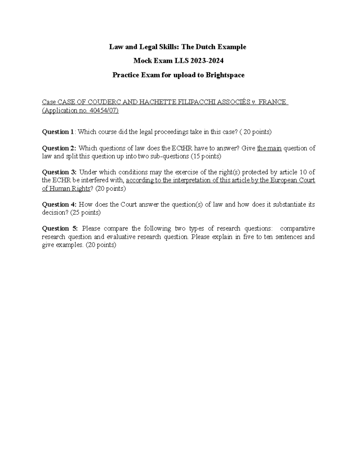 Mock Exam LLS 2023-24: Case Analysis & Legal Questions Overview ...