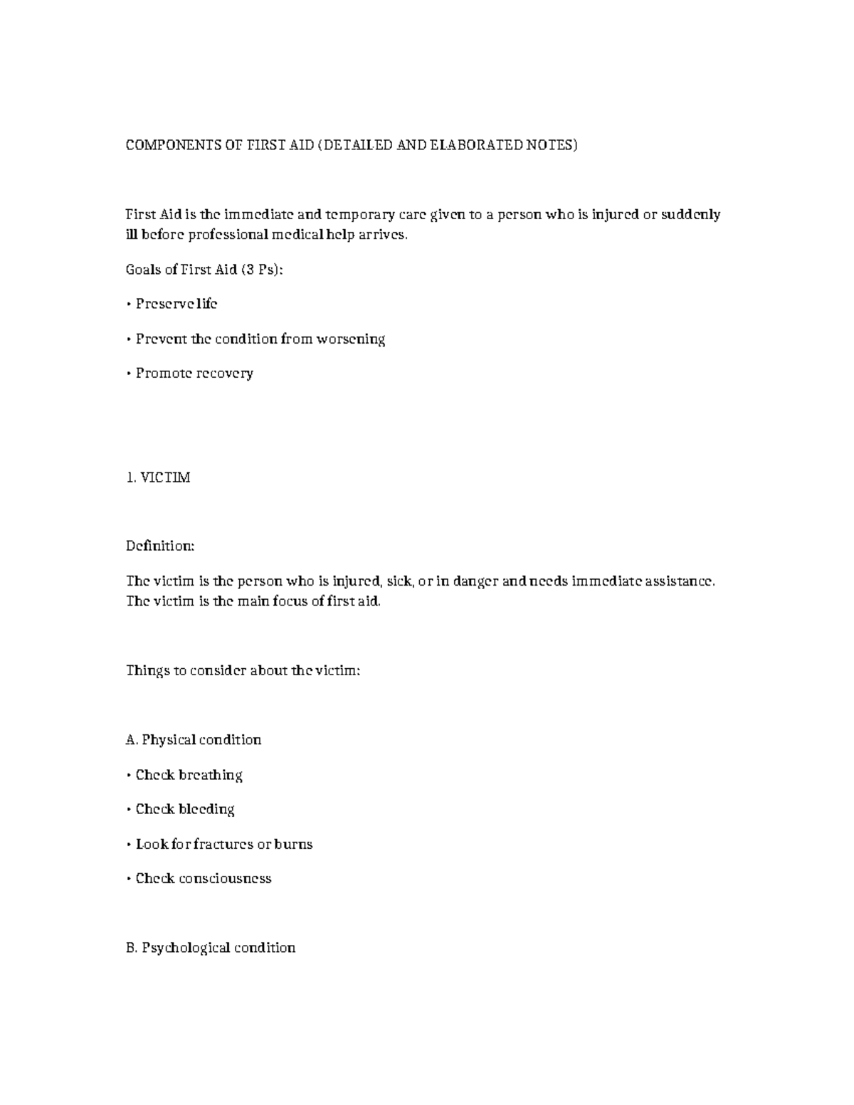 COMPONENTS OF FIRST AID: DETAILED NOTES AND GUIDELINES - Studocu