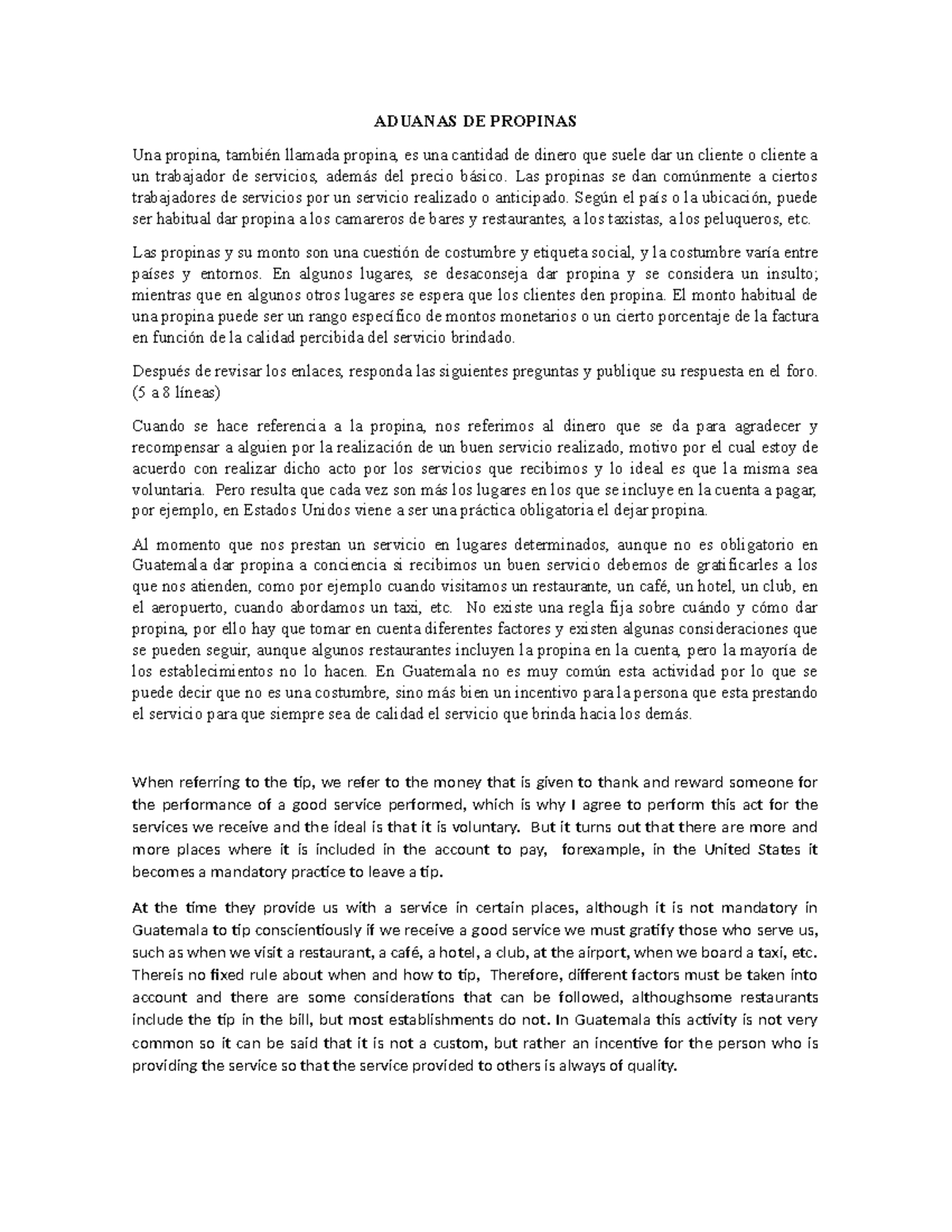 FORO 1 - Consideraciones sobre las Propinas y su Contexto - Studocu