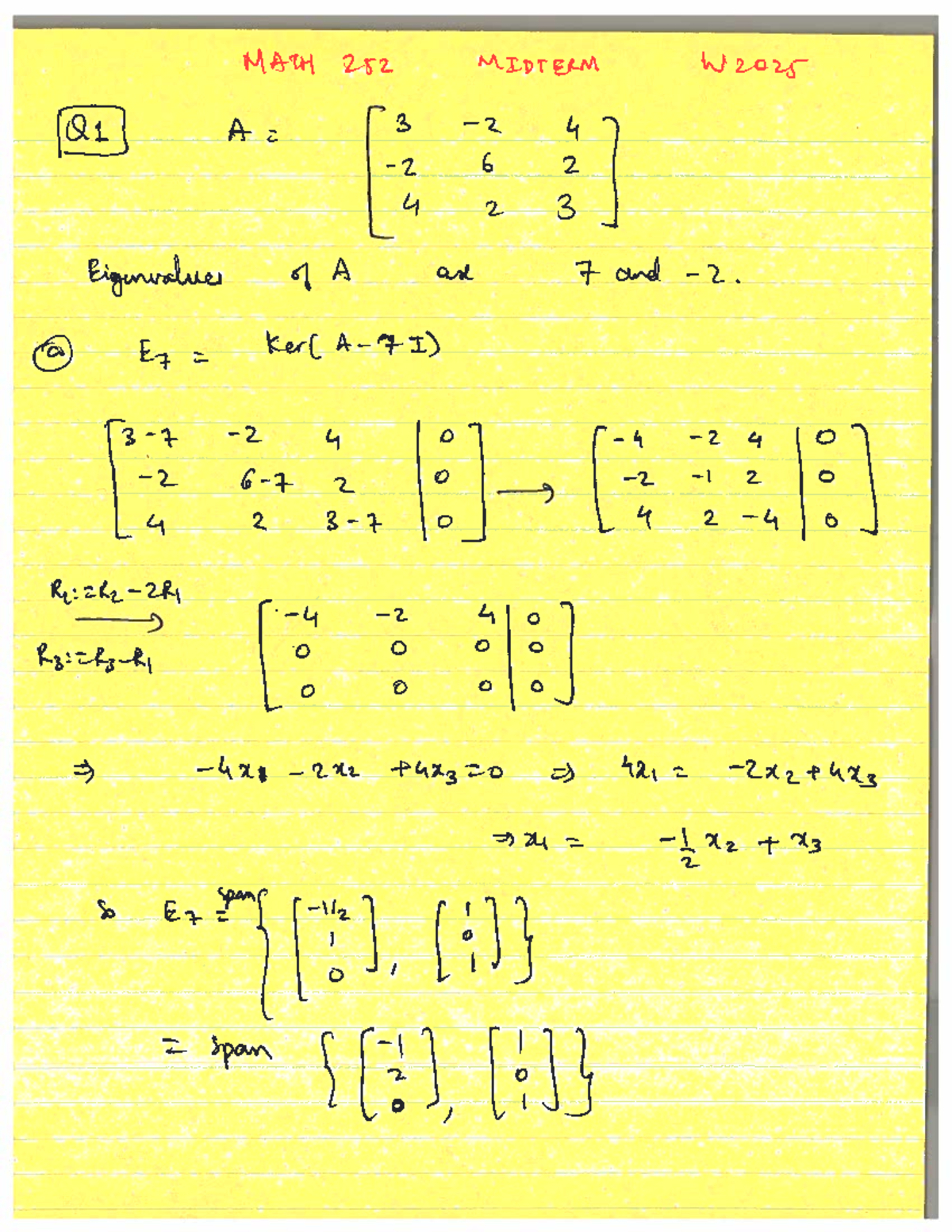 MATH 252 MIDTERM SOLUTIONS W2025: Eigenspaces and Orthogonality - Studocu