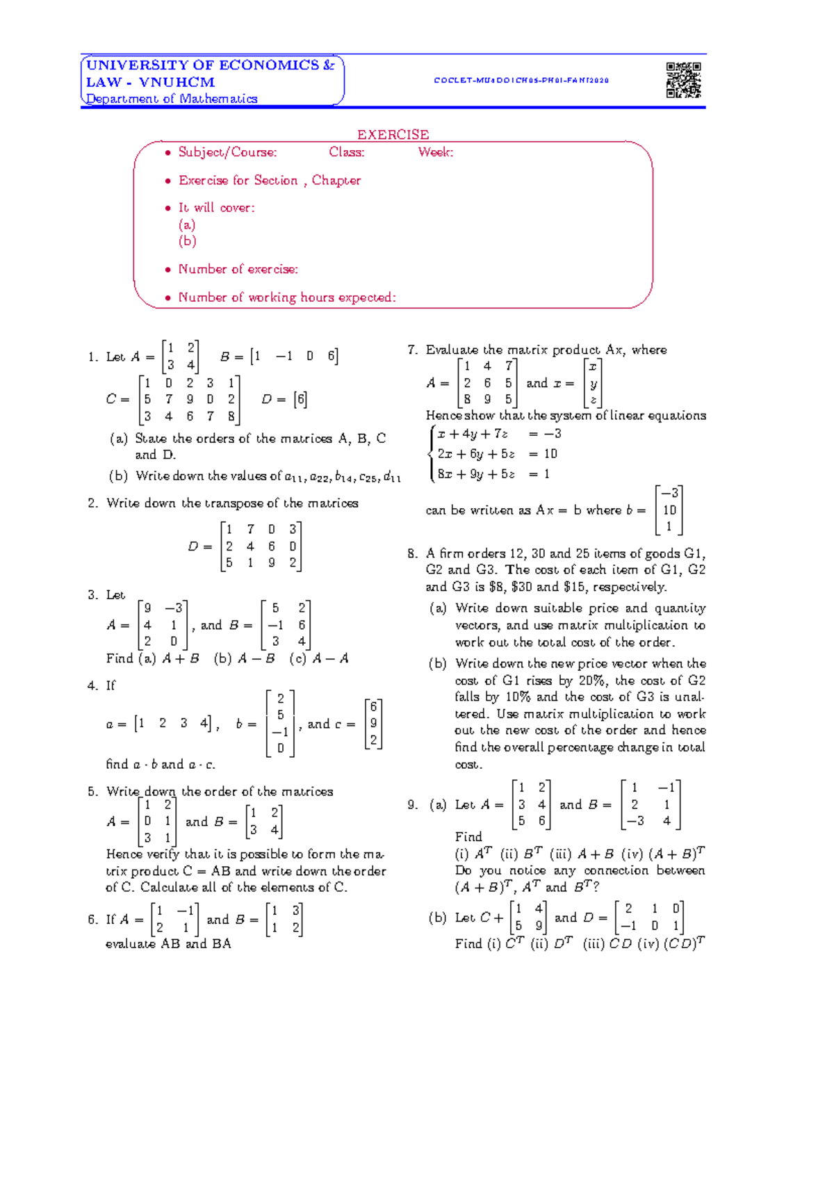 Matrix Exercises Week 12 - COCLET-MU4DO1CH05-PH01-FANI - Studocu
