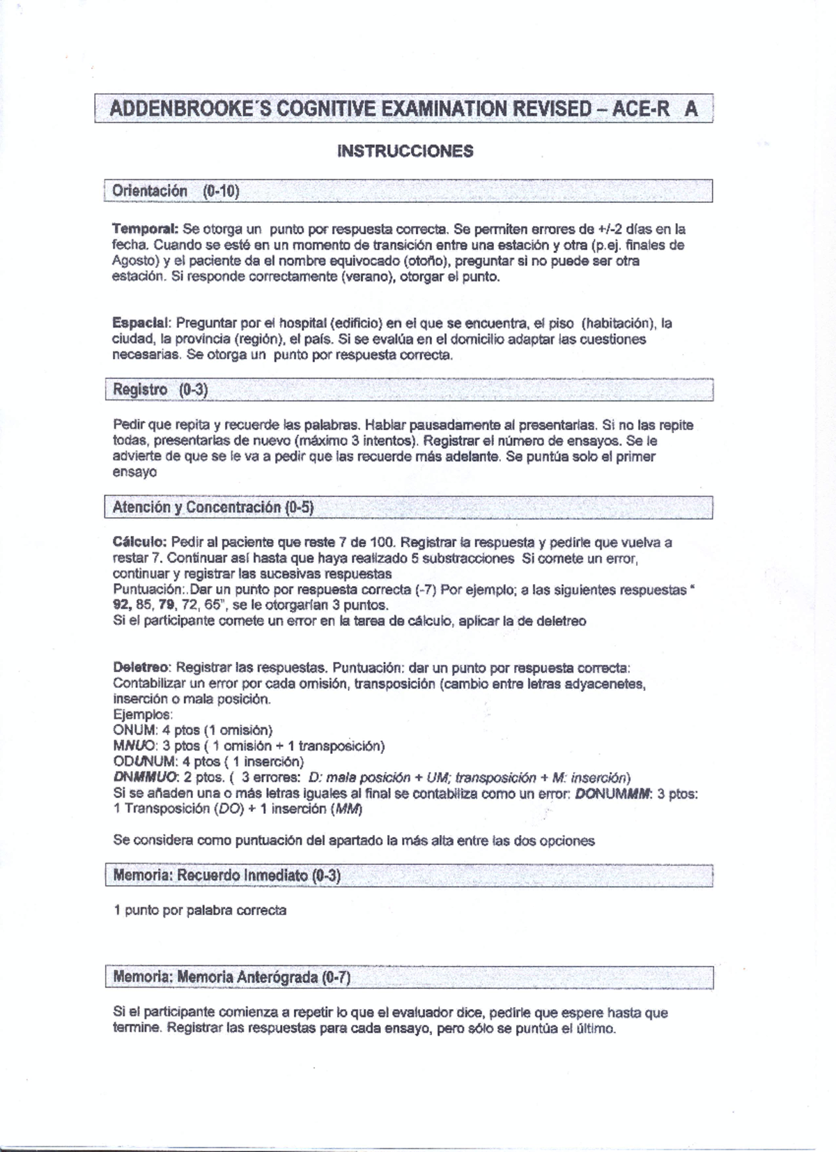 ACE- R Instrucciones - COGNITIVE EXAMINATION REVISED A INSTRUCCIONES ...