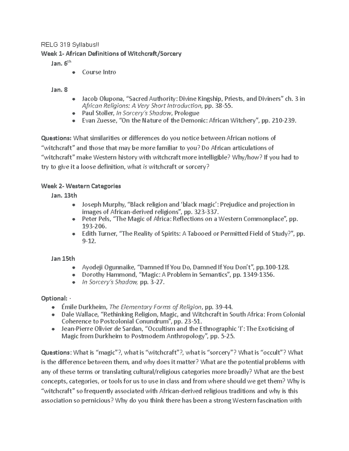 RELG 319 Syllabus: African Religions Course Outline and Weekly Topics ...