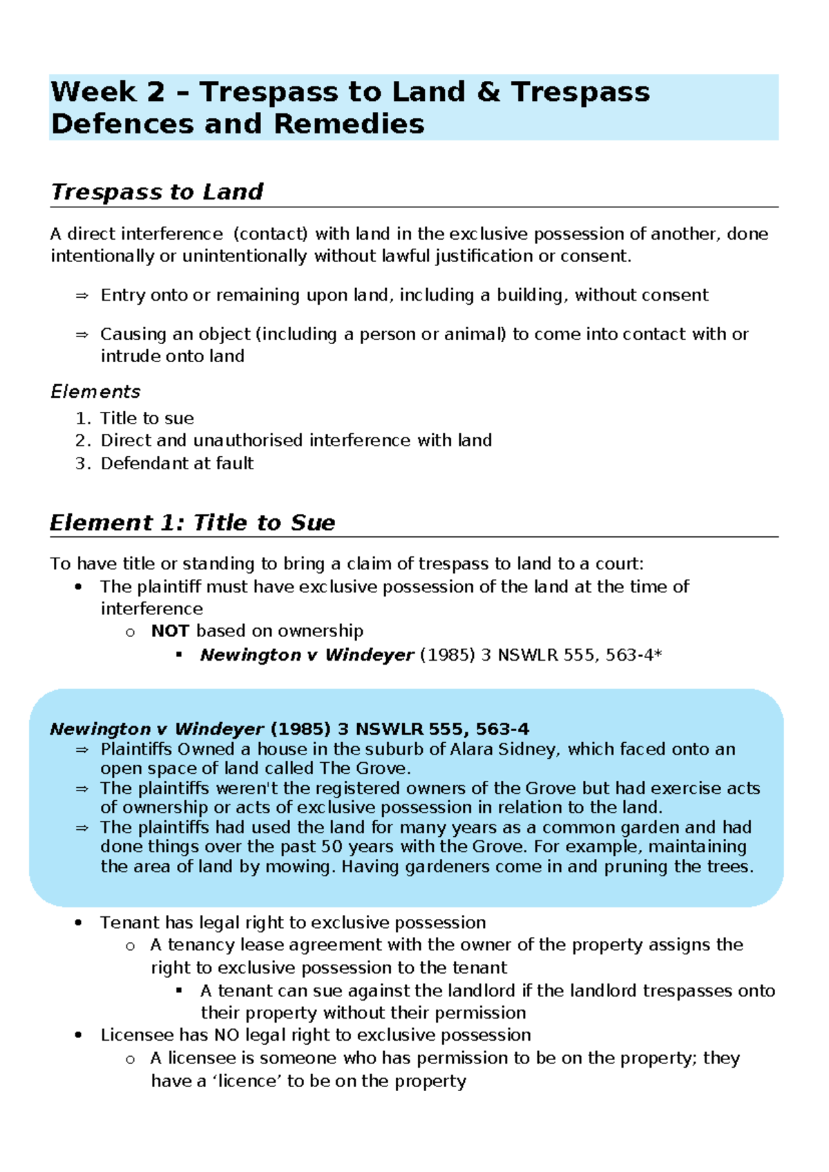 Lecture Notes - Week 2: Trespass to Land, Defences & Remedies - Studocu