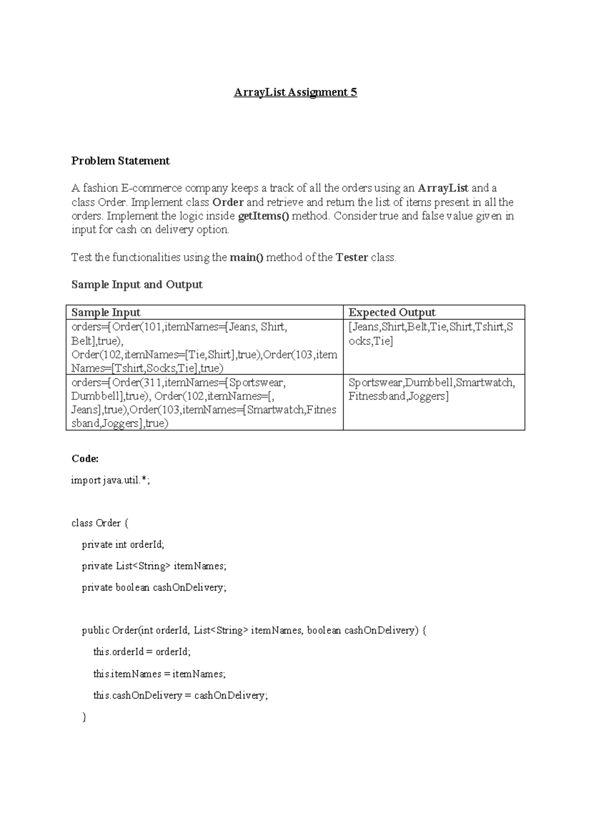 ArrayList Assignment 5: Implementing Order Class and Methods - Studocu