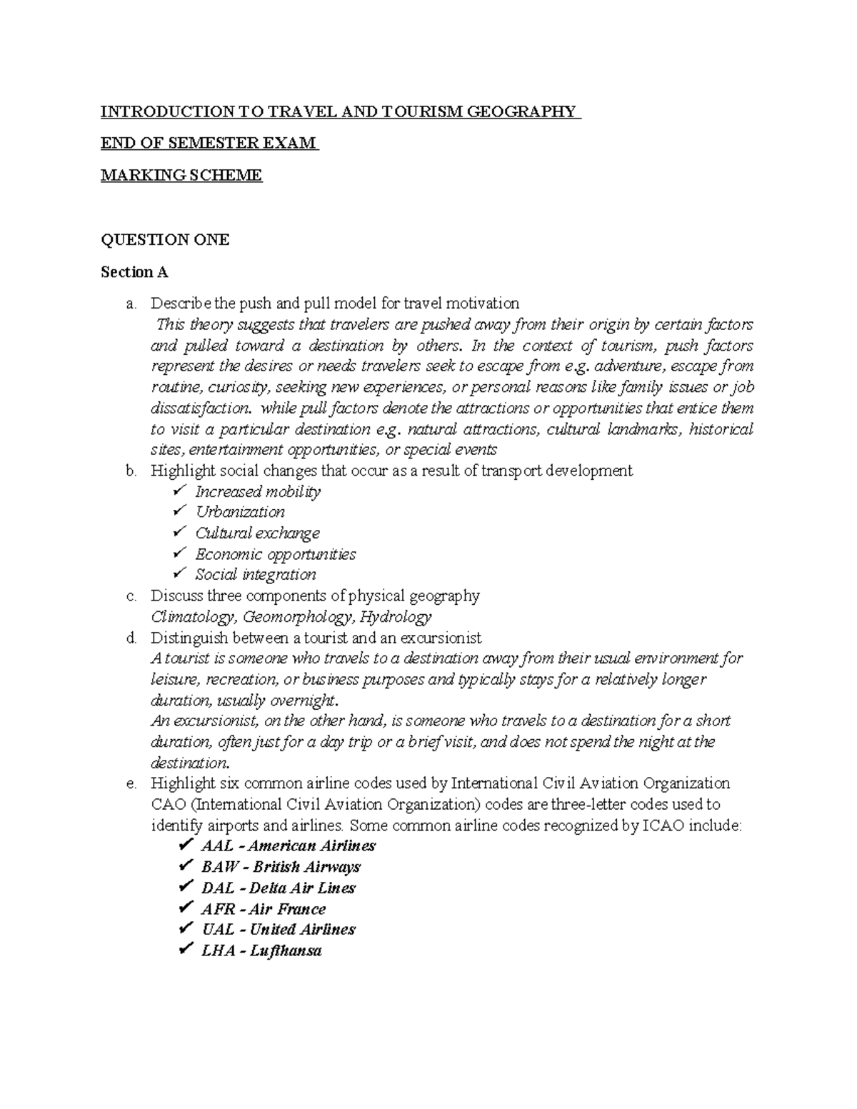 Introduction to Travel & Tourism Geography: End of Semester Exam (TTG ...