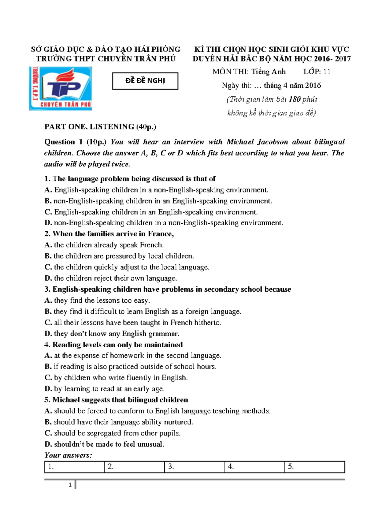 **DHBB CTP (HP) (ĐĐX) 2016 Final Exam: English for Grade 11** - Studocu