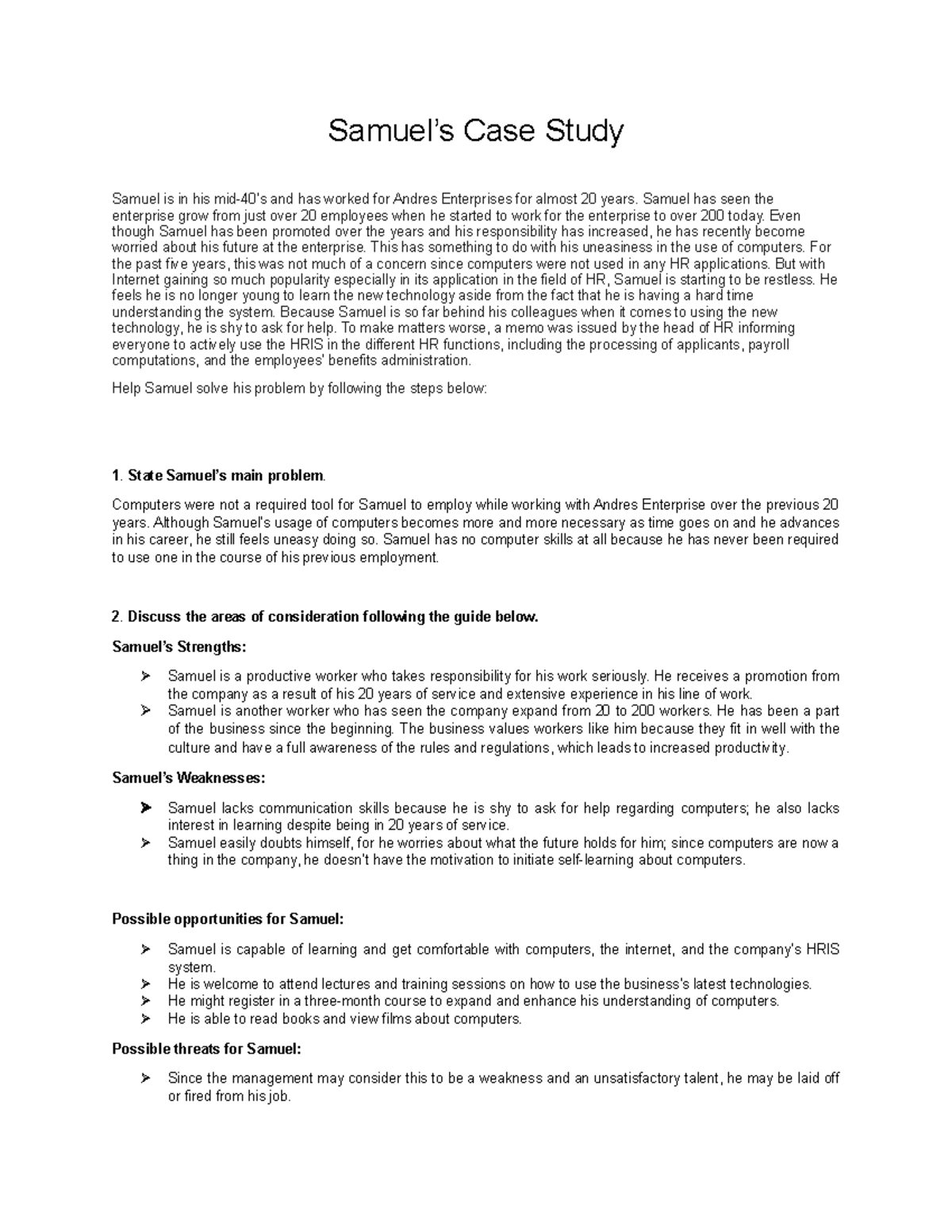Samuel's Case Study Analysis and Recommendations (HR101) - Studocu