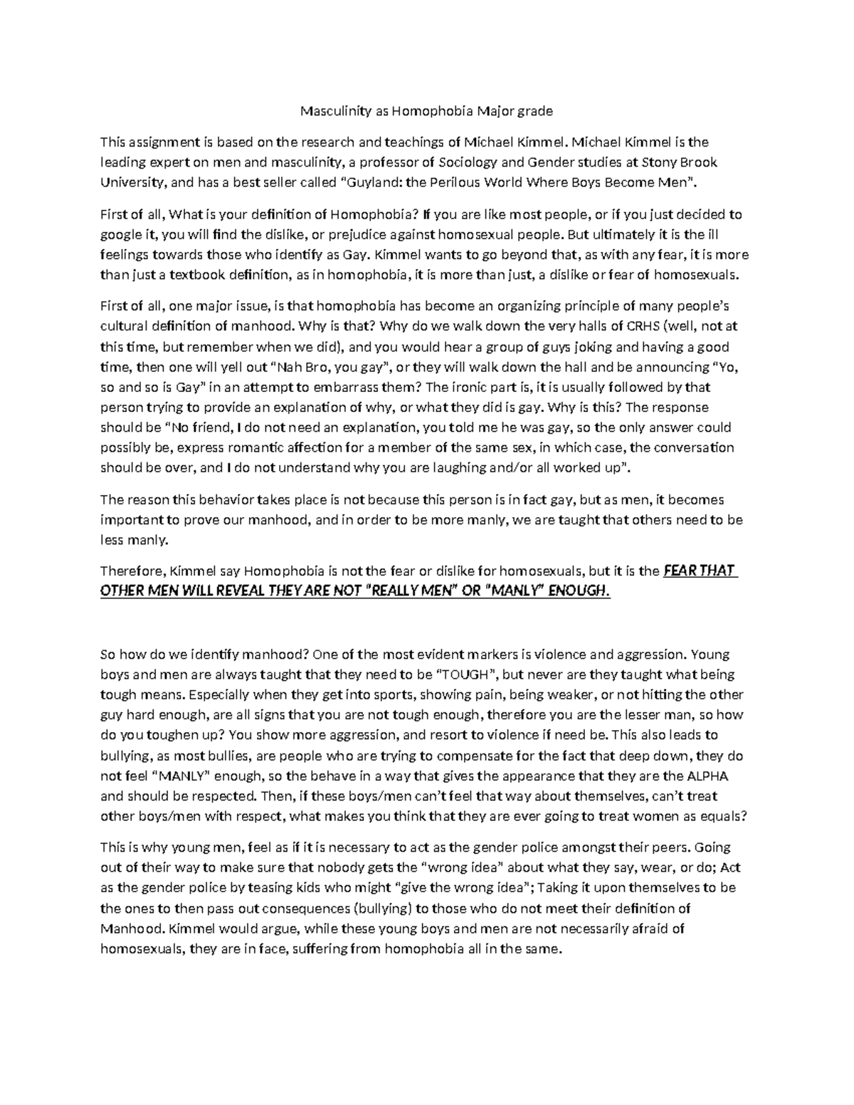 Masculinity and Homophobia: Insights from Michael Kimmel (Major Grade ...
