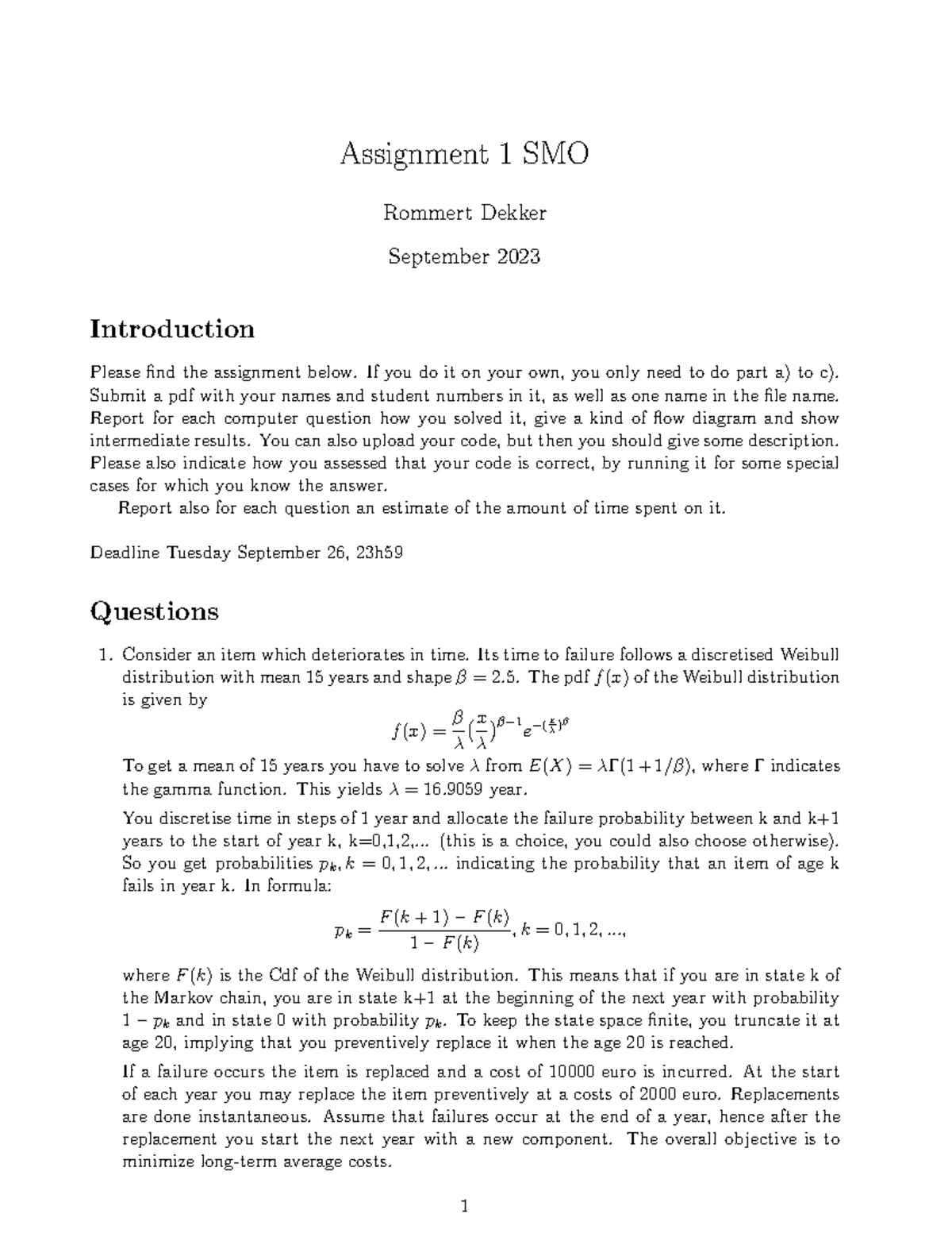 SMO Ass 1 2023-1 - Stochastic Models & Optimization Assignment 1 ...
