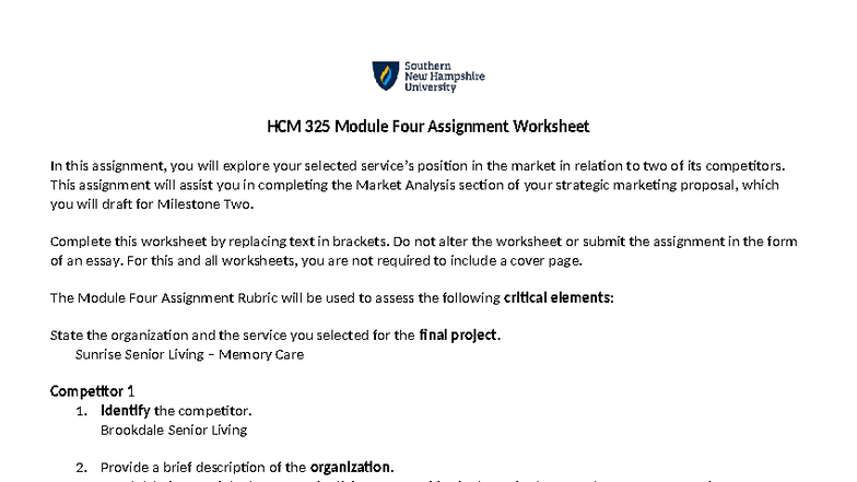 HCM 325 Market Analysis Worksheet for Module Four Assignment - Studocu