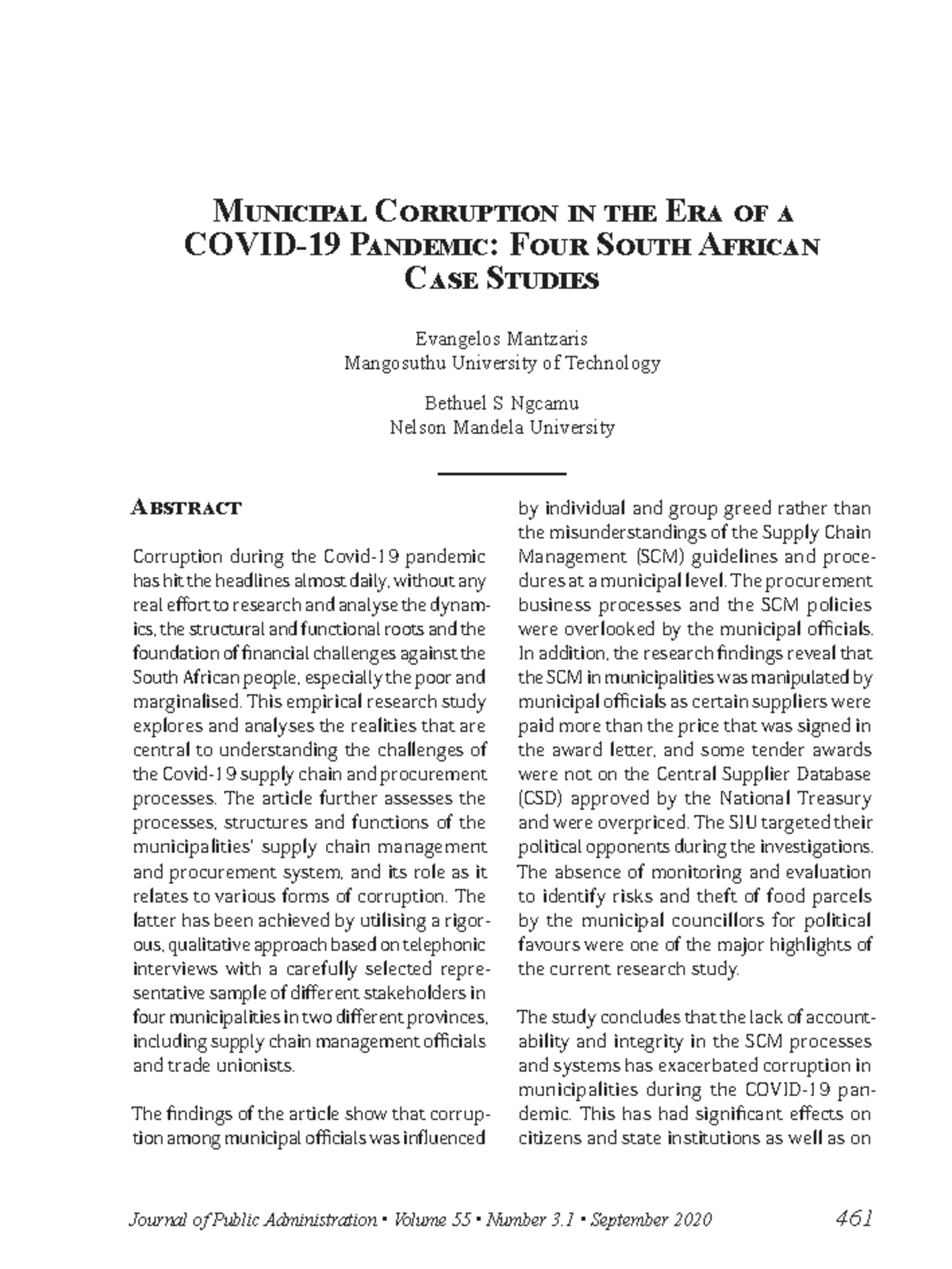 Municipal Corruption During COVID-19: Four SA Case Studies (MGT 2020 ...