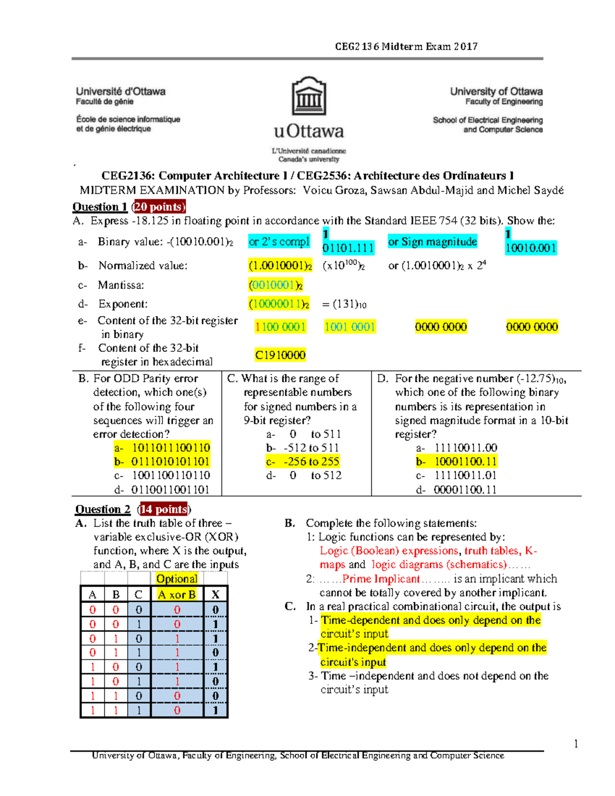 CEG2136 Midterm Exam Solutions 2017: Computer Architecture I - Studocu