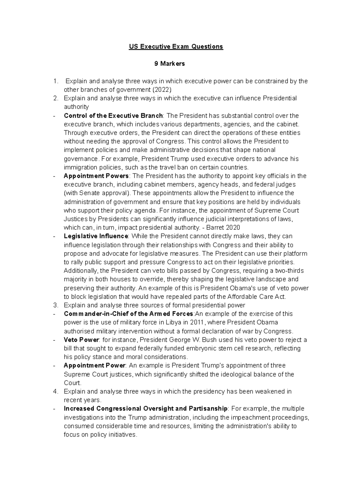 US Executive Exam Questions: Analysis of Powers and Limitations - Studocu