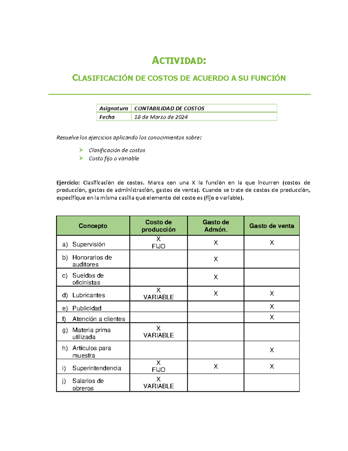 Actividad A#2: Clasificación de Costos en Contabilidad de Costos - Studocu