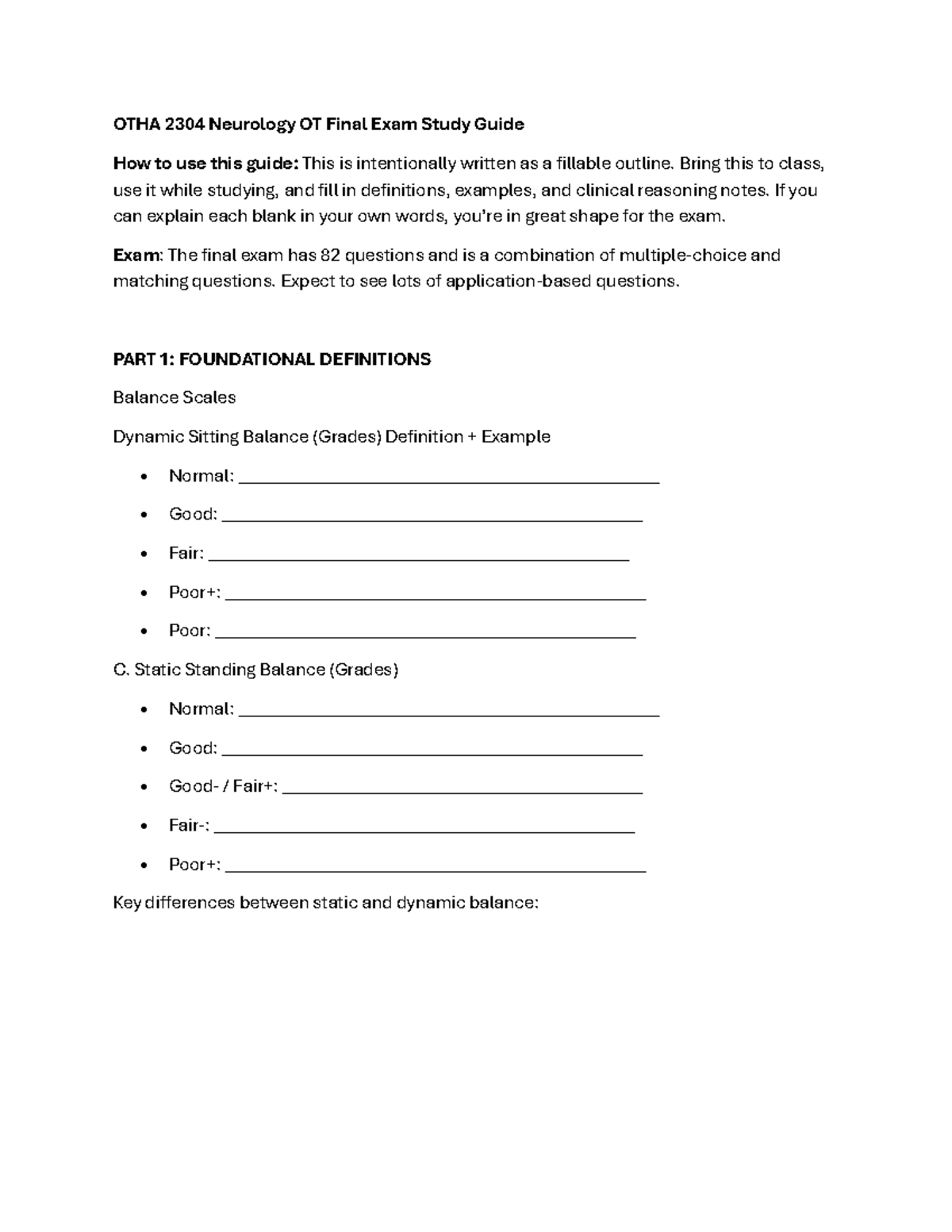 OTHA 2304 Neurology OT Final Exam Study Guide - Studocu