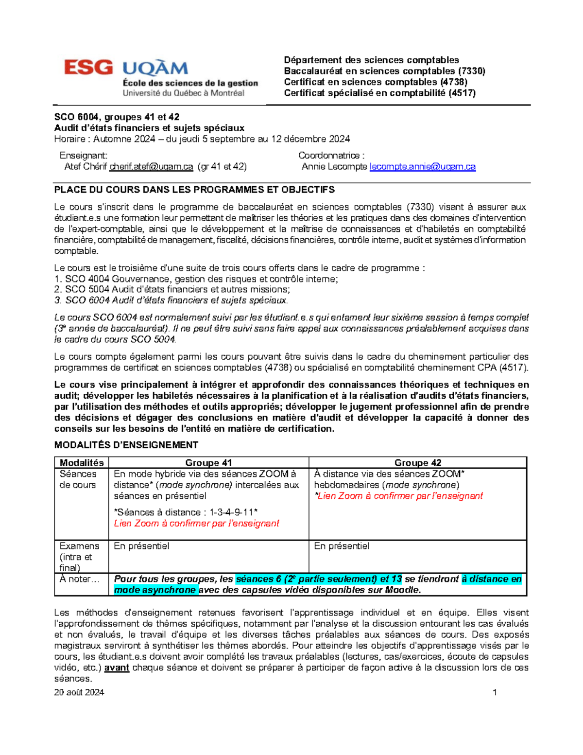 SCO6004 A24 Plan de Cours pour le cours d'Audit d'États Financiers ...