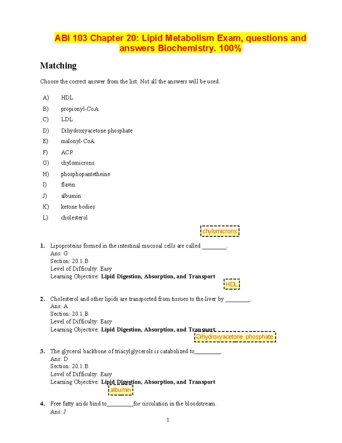 CHEM 1 - Summary of Lipid Metabolism Exam Questions and Answers - Studocu