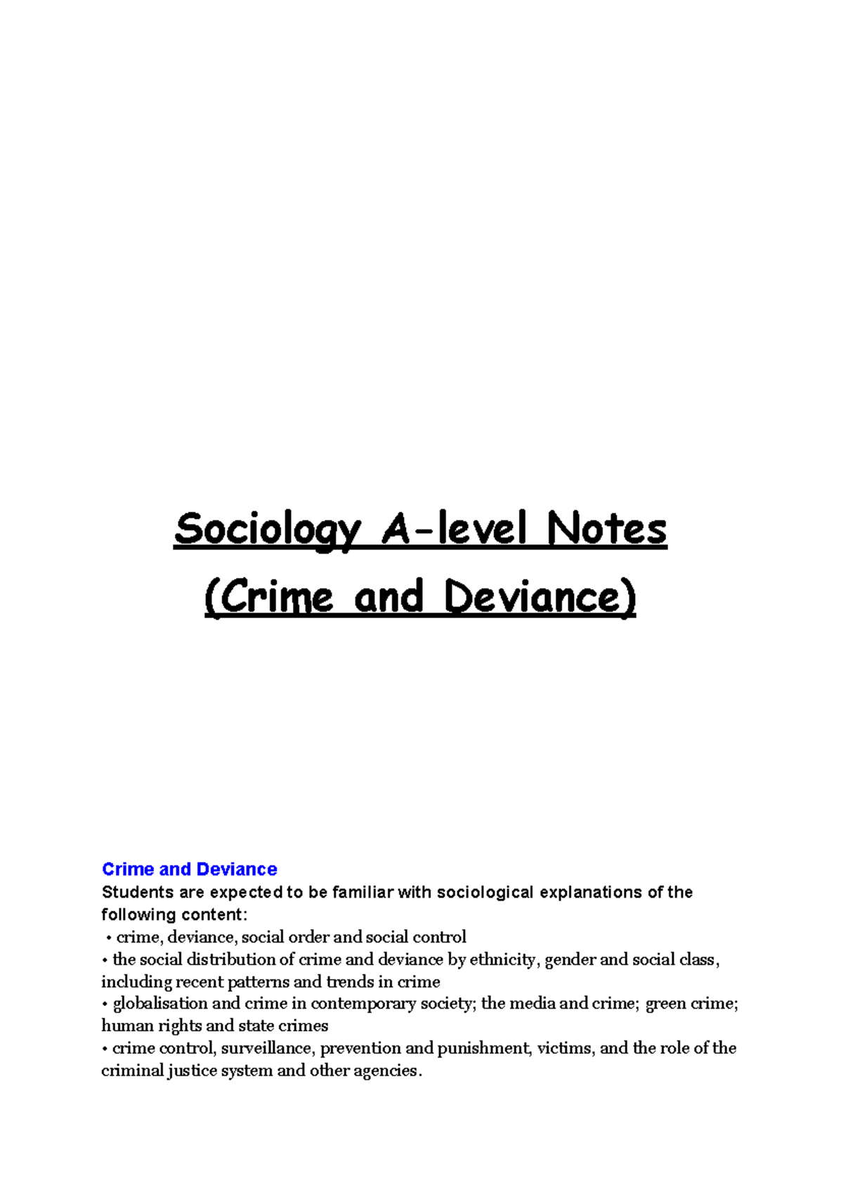 Sociology A-Level: Crime and Deviance Study Notes - Studocu