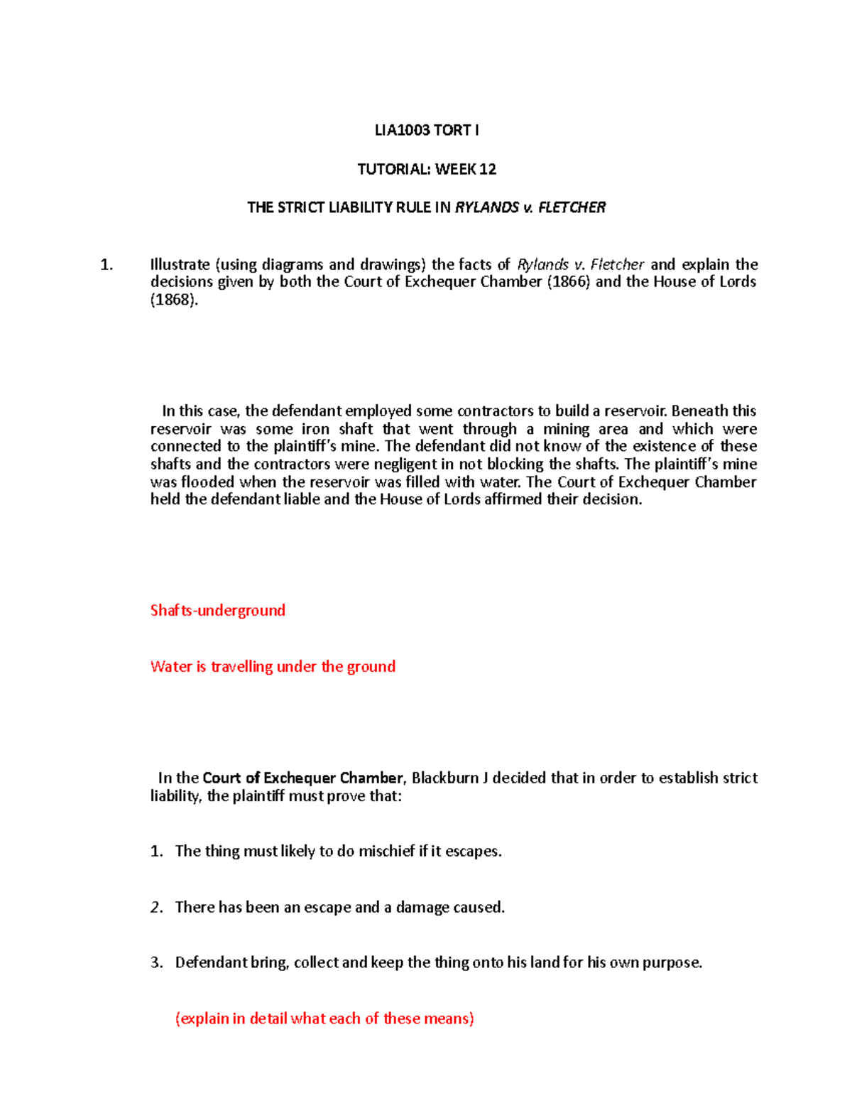 LIA1003 Tort I Tutorial: Strict Liability in Rylands v Fletcher Cases ...