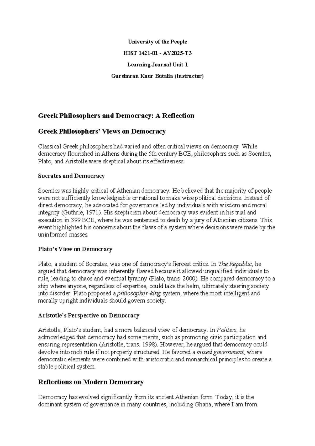 HIST 101 Learning Journal Unit 1: Greek Philosophers on Democracy - Studocu