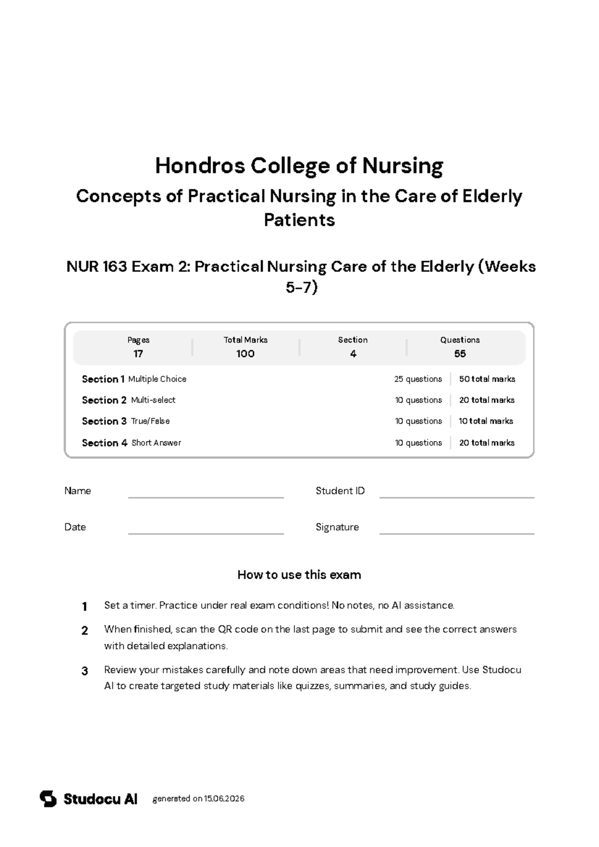 NUR 163 Exam 2: Practical Nursing Care of the Elderly - Studocu