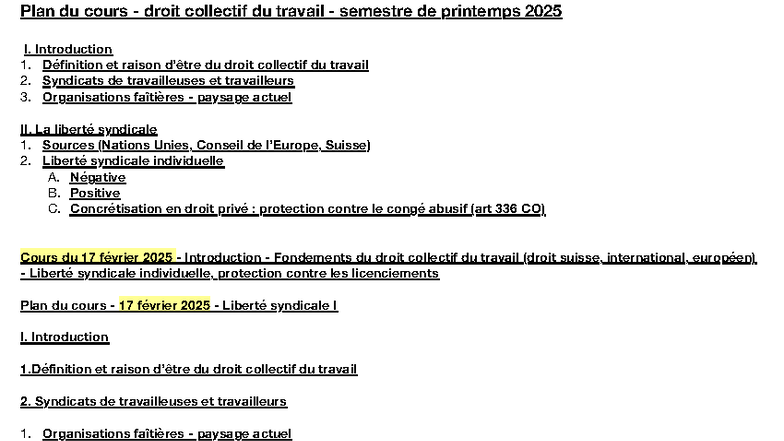 Plan du cours Droit Collectif du Travail - Printemps 2025 - Studocu
