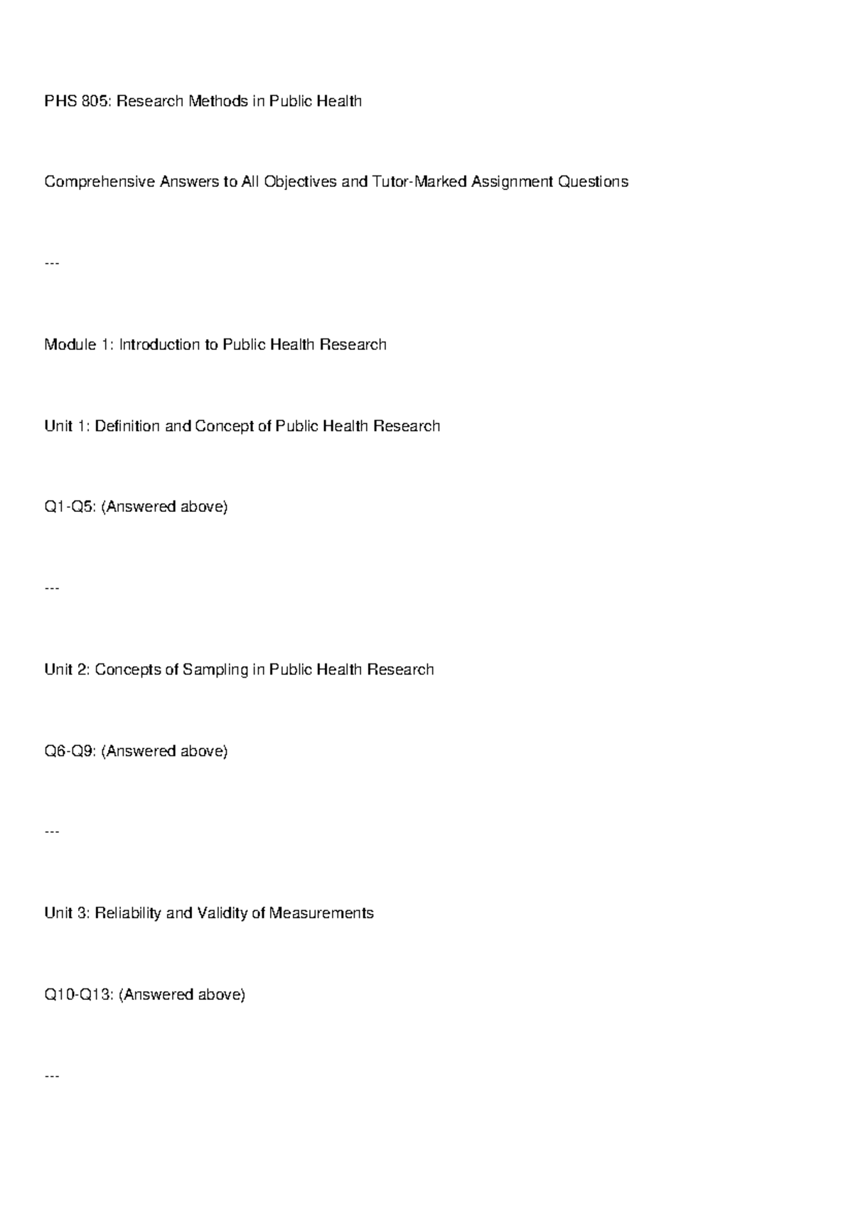 PHS 805: Comprehensive Answers for Research Methods in Public Health ...