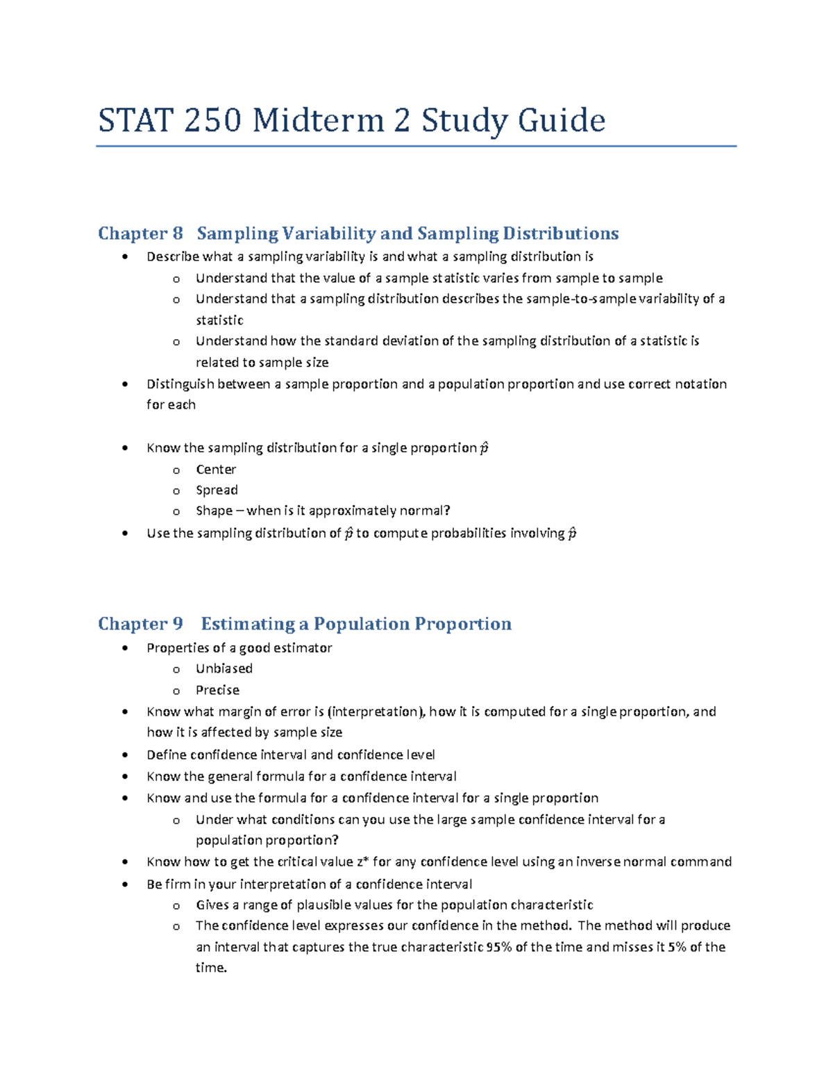 STAT 250 Midterm 2 Study Guide: Sampling Distributions & Proportions ...
