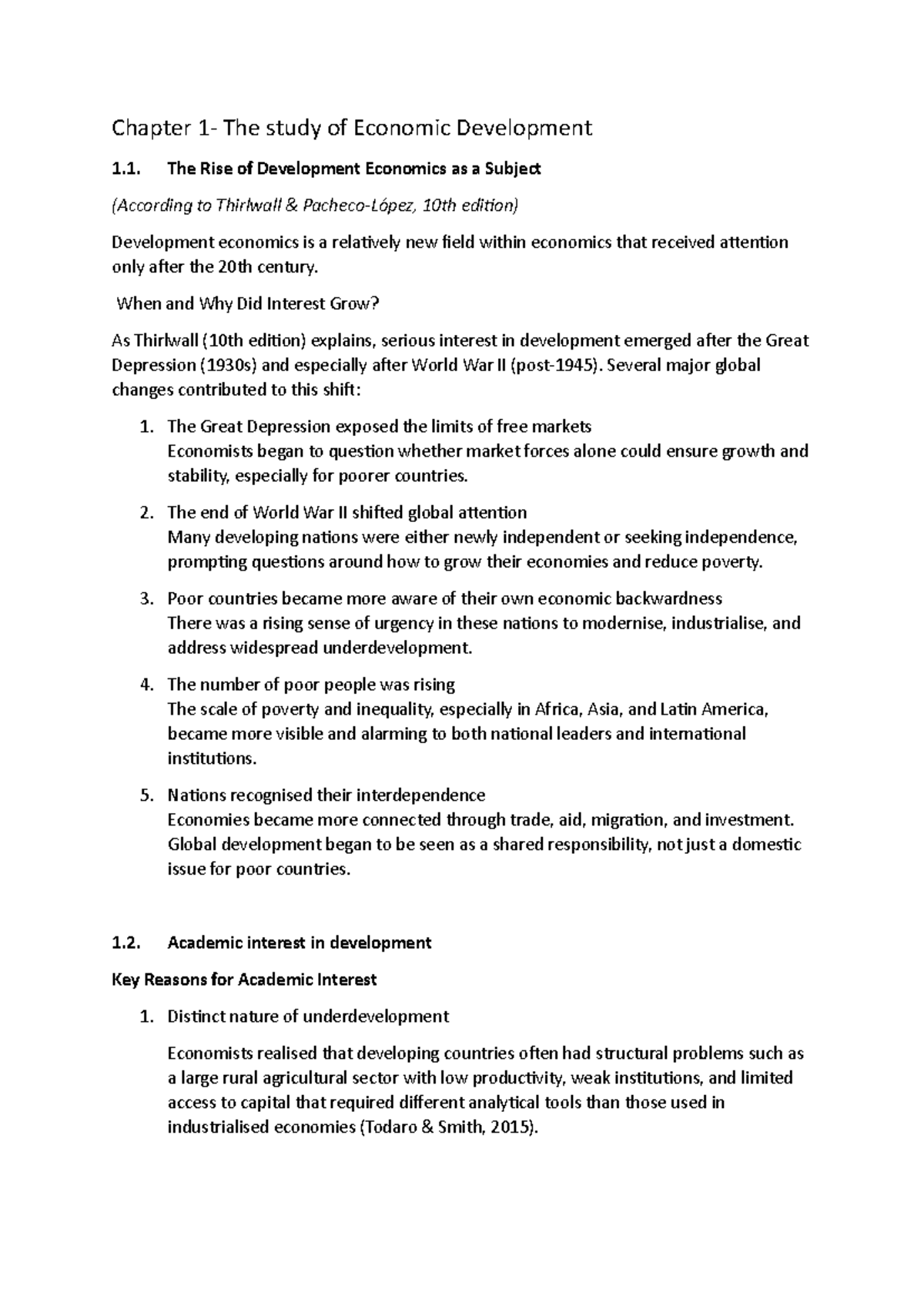 Chapter 1 Summary Notes: The Rise of Development Economics (Thirlwall ...