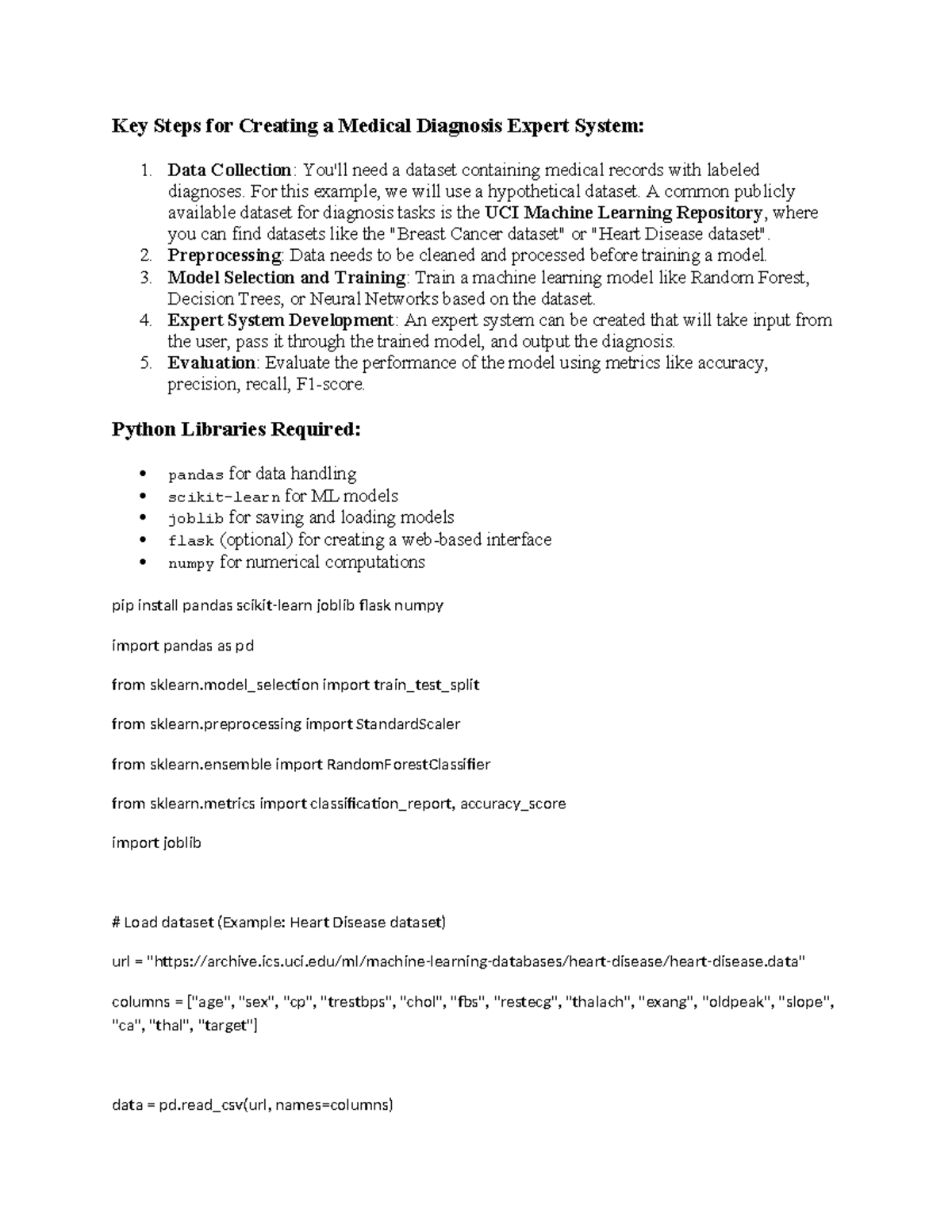 AI AND ML LAB - ERER - Key Steps for Creating a Medical Diagnosis ...
