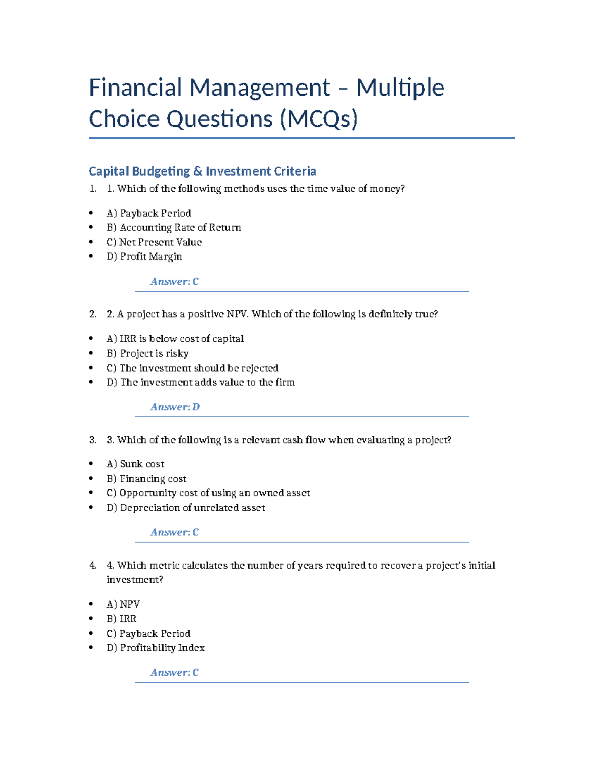Financial Management MCQs: Capital Budgeting & Risk Analysis - Studocu