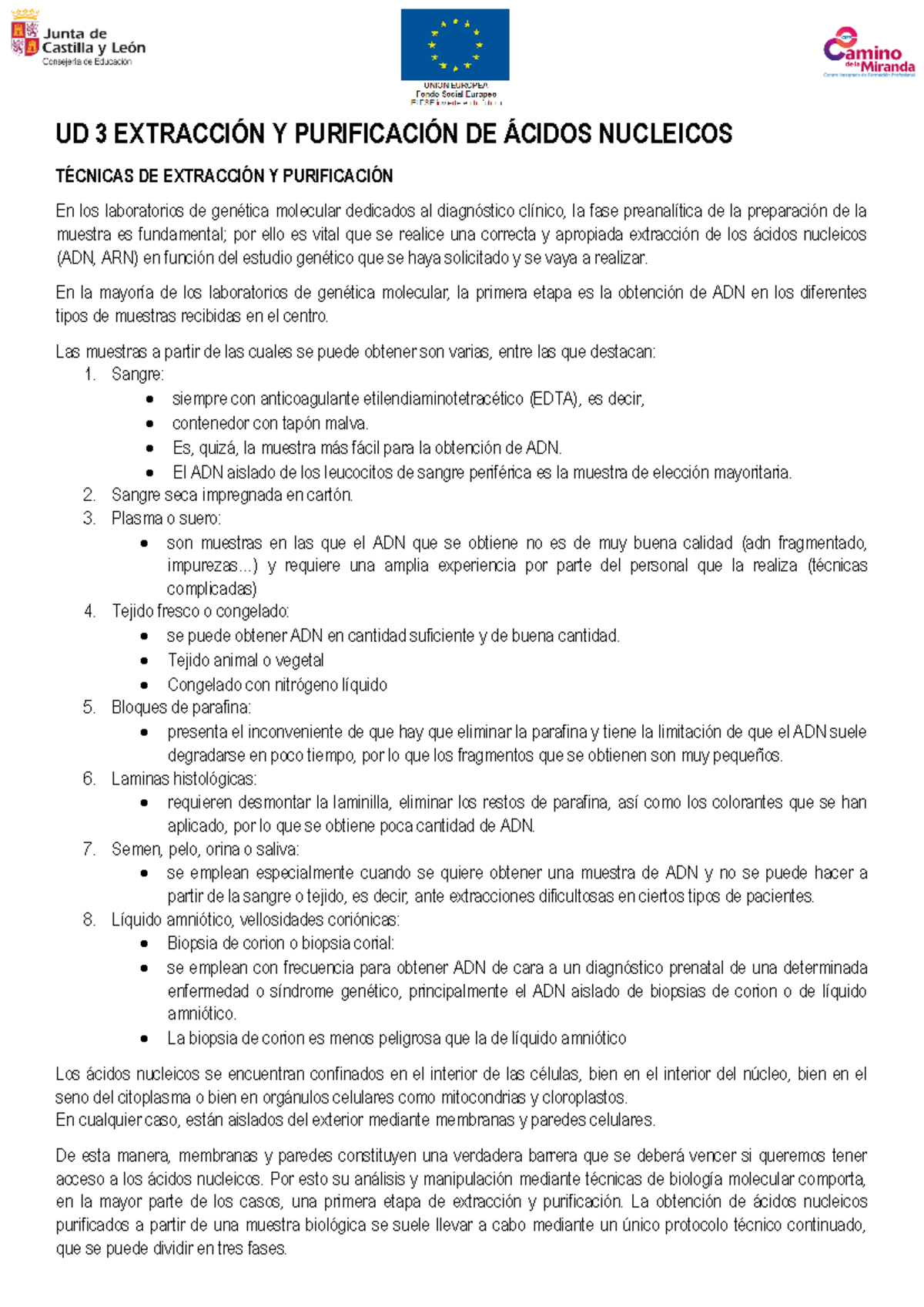 UD 3: Extracción y Purificación de Ácidos Nucleicos en Biología Molecular - Document Preview