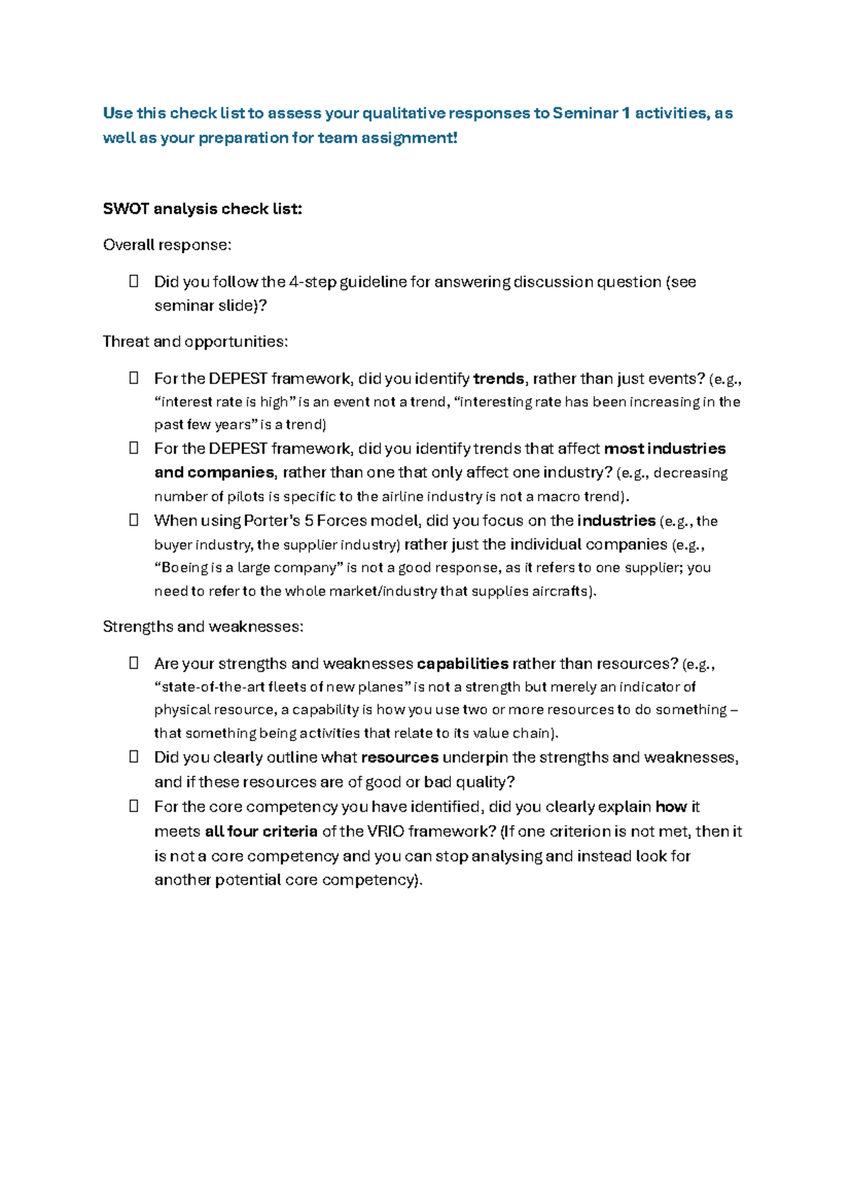 SWOT Self-Assessment Checklist for Seminar 1 Activities - Studocu
