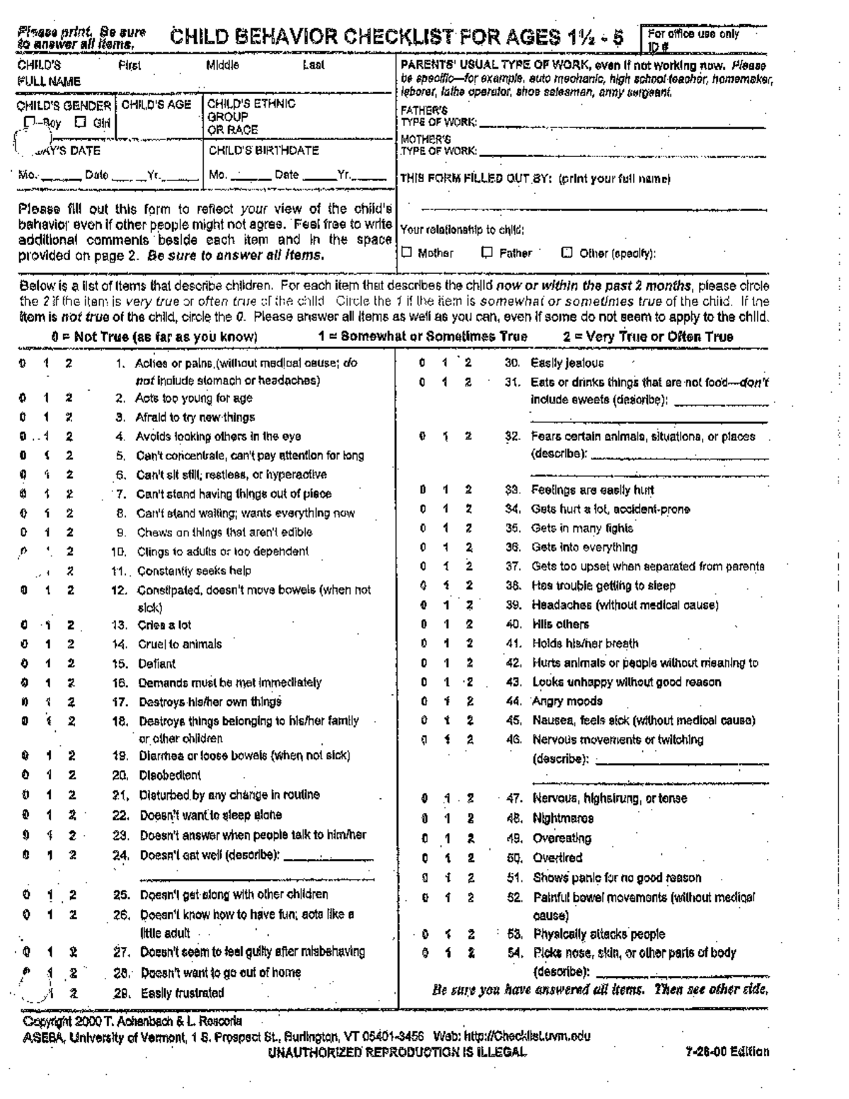 Child Behavior Checklist (CBCL) for Ages 1-5: Assessment Guide - Studocu
