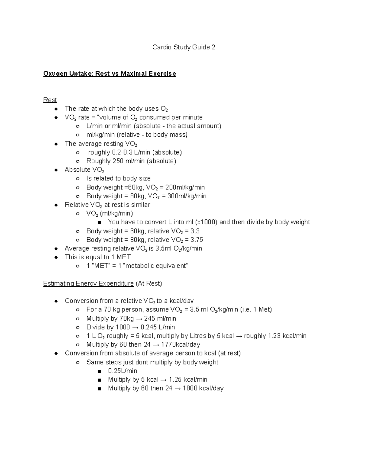 Cardio Study Guide 2: Oxygen Uptake & Metabolic Adaptations Summary ...