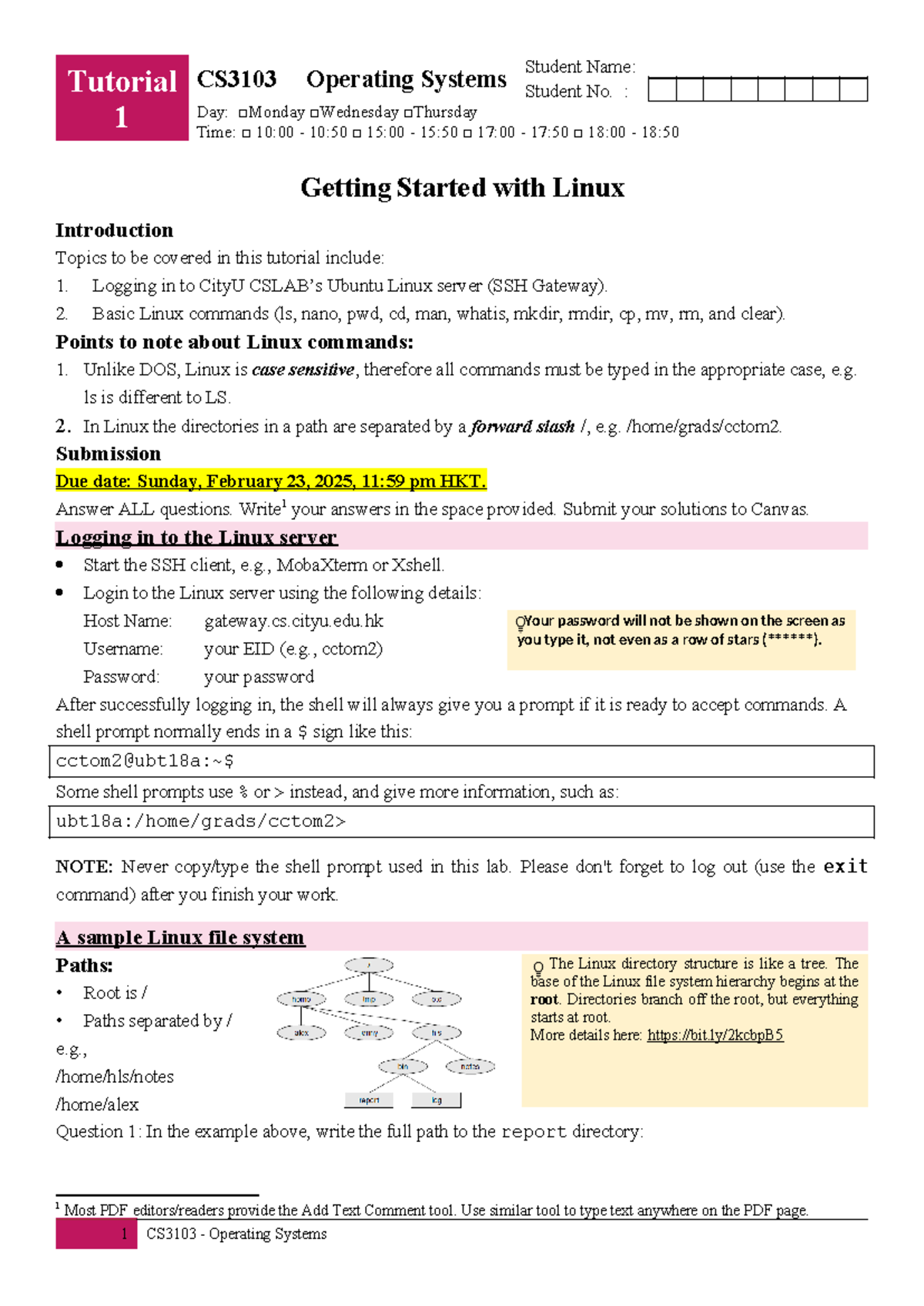 CS3103 Tutorial 1: Getting Started with Linux Commands - Studocu
