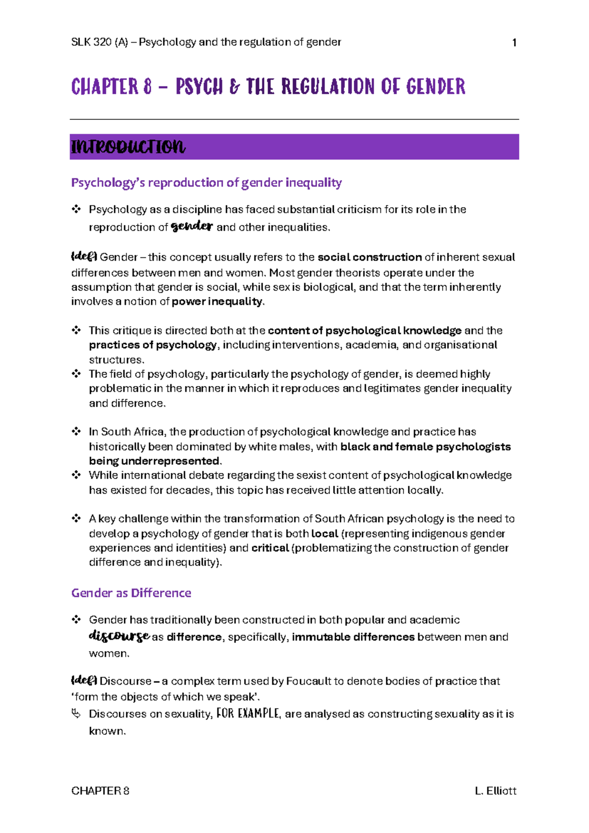 SLK 320 (A) Chapter 8: Psychology and Gender Regulation Insights - Studocu