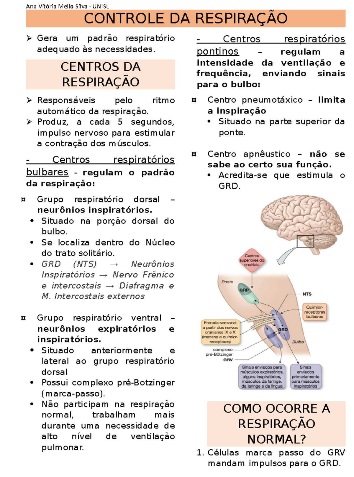 Resumo do Controle da Respiração - UNISL - Studocu