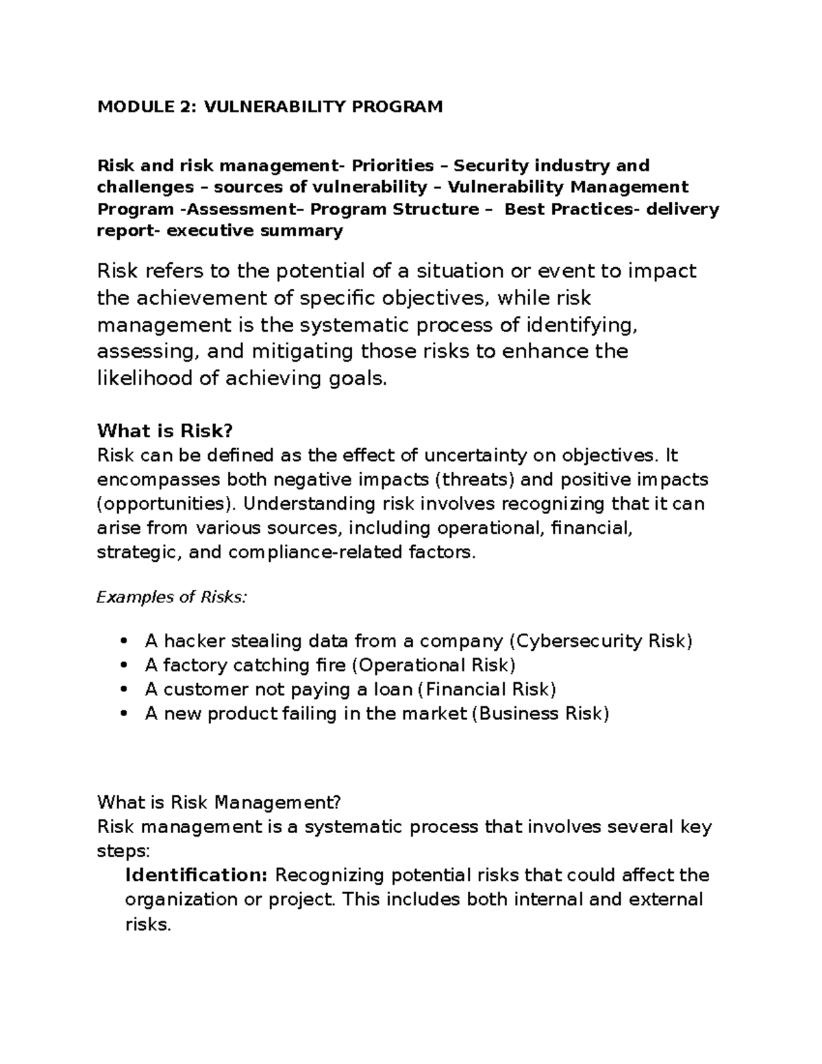 MODULE 2: VULNERABILITY PROGRAM - Risk Management & Challenges - Studocu