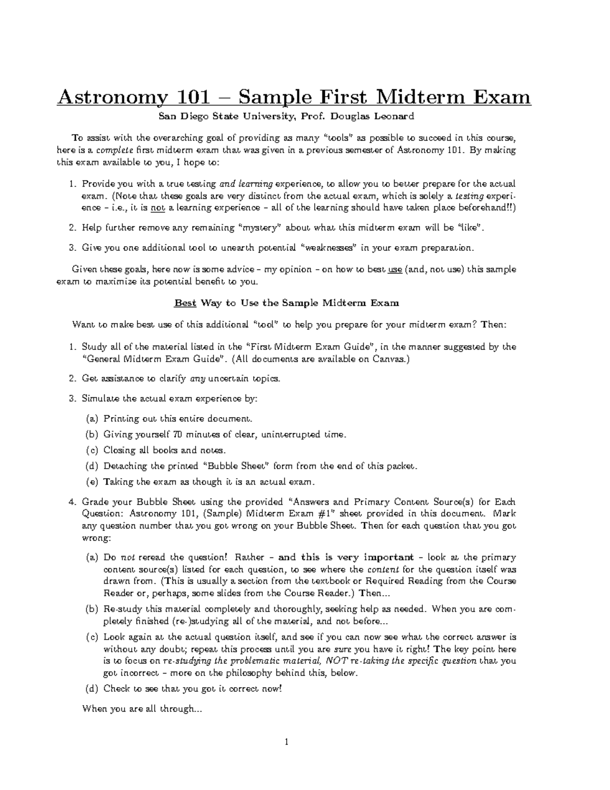 Astronomy 101 Sample Midterm Exam - SDSU, Prof. Leonard - Studocu