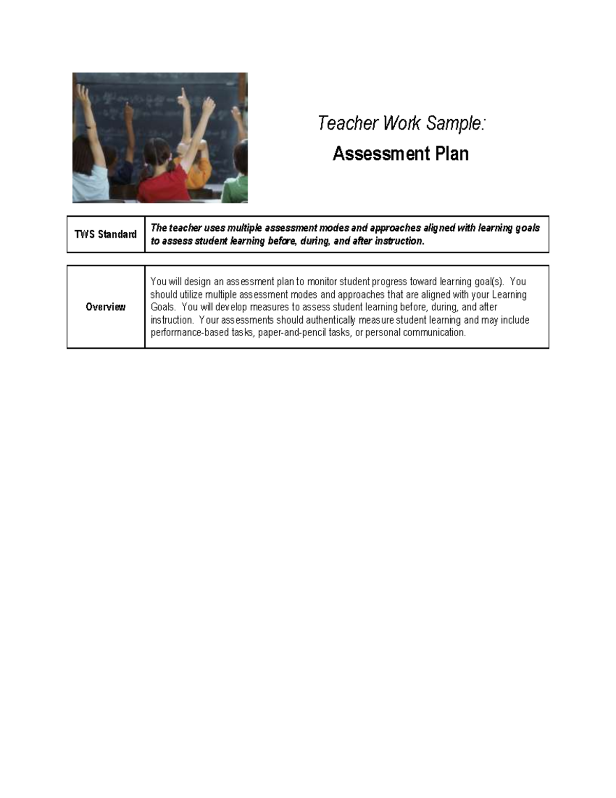 Assessment-Plan - Assessment plant for learners - Teacher Work Sample ...