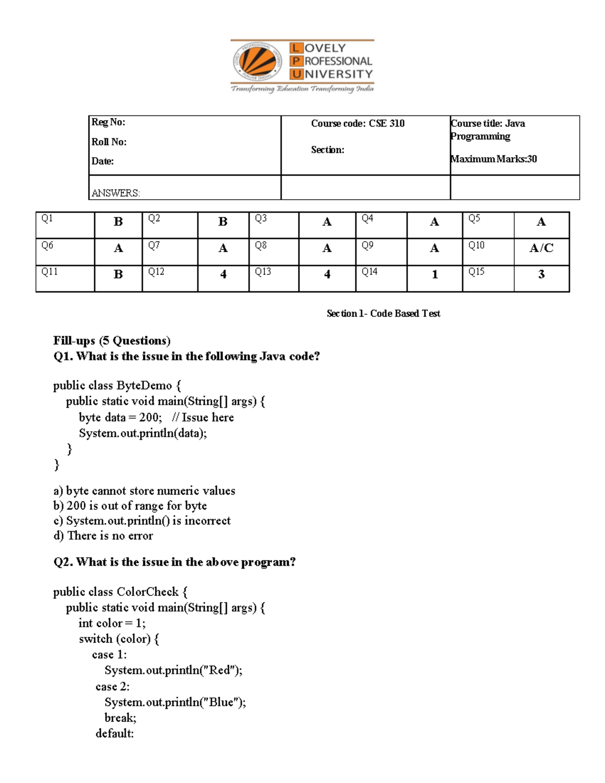 LPU CSE 310 Java Programming Set 18 Question Paper - Studocu