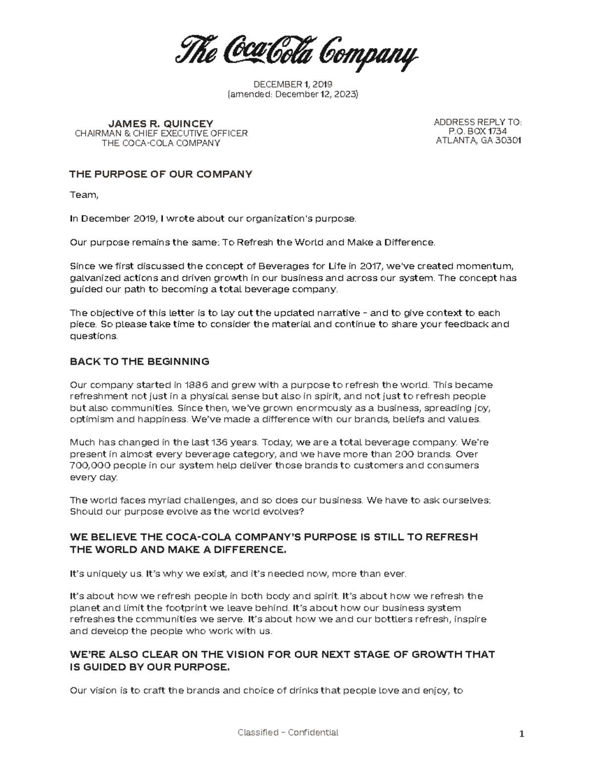 James quincey letter to employees coca cola company purpose dec 2023 2 ...