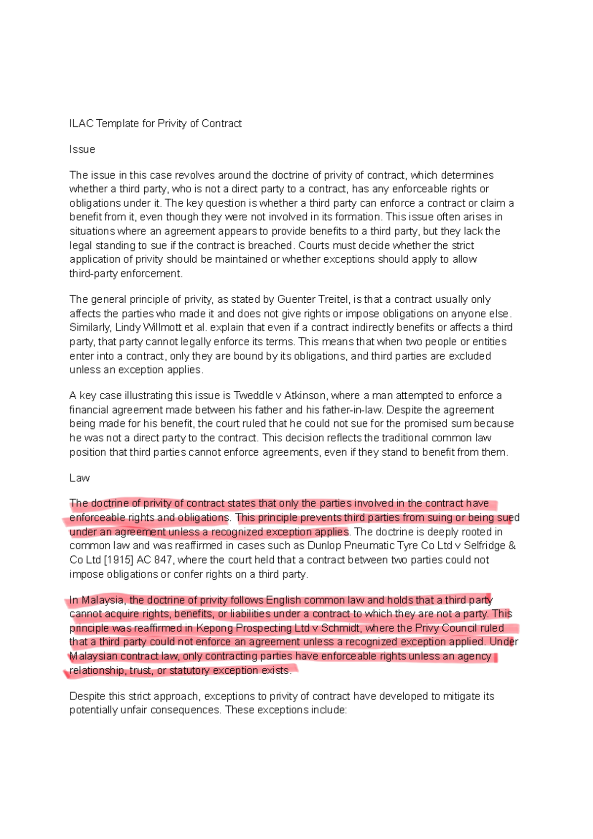 ILAC Template: Privity of Contract Analysis and Exceptions - Studocu