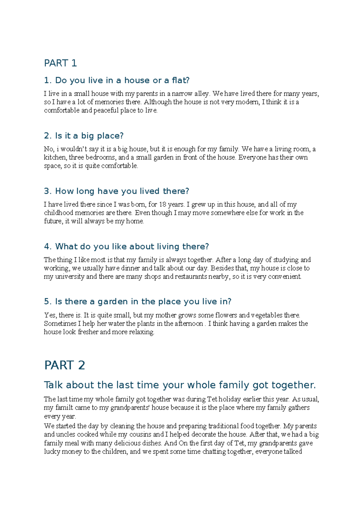 Speaking Test 2: Family Life and Values Discussion - Studocu
