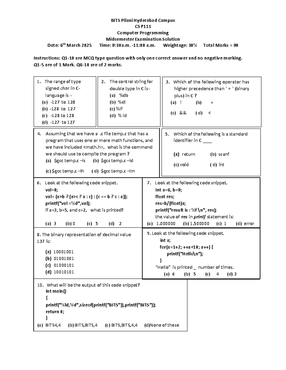 CS Computer Programming Midsem Exam Solutions - 6th March 2025 - Studocu