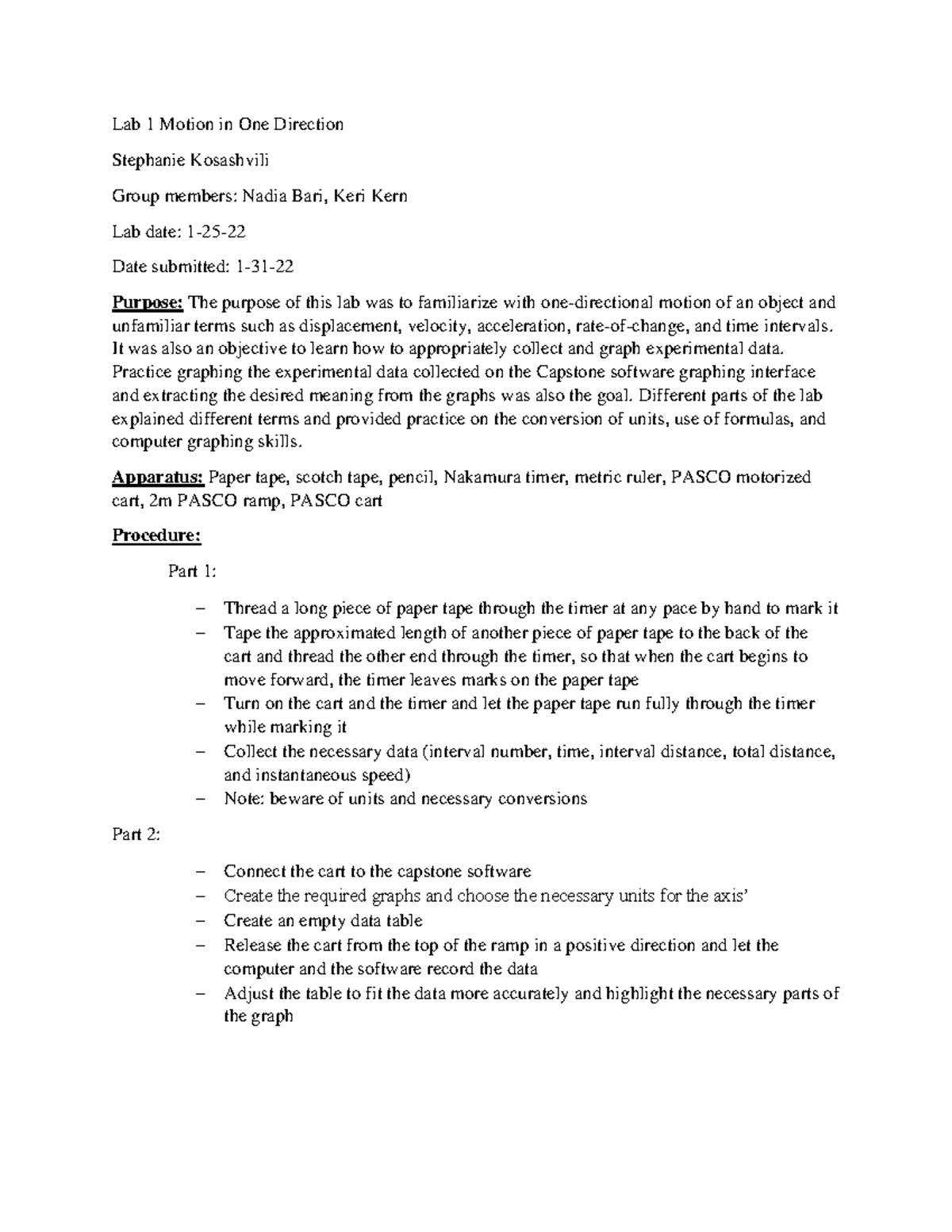 Lab 1 - Motion in One Dimension: Understanding Velocity & Acceleration ...