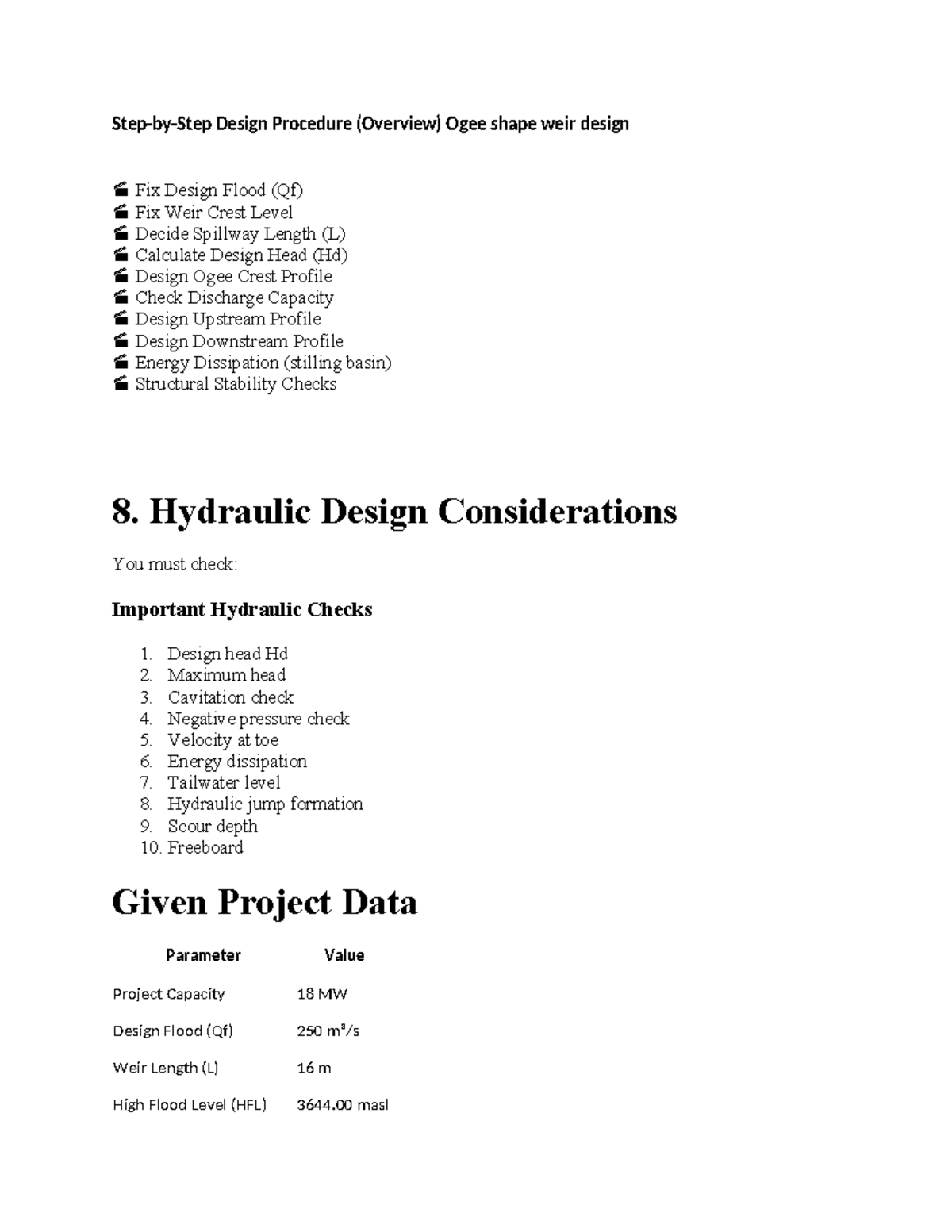Weir Step Design Procedure: Ogee Shape & Hydraulic Considerations - Studocu